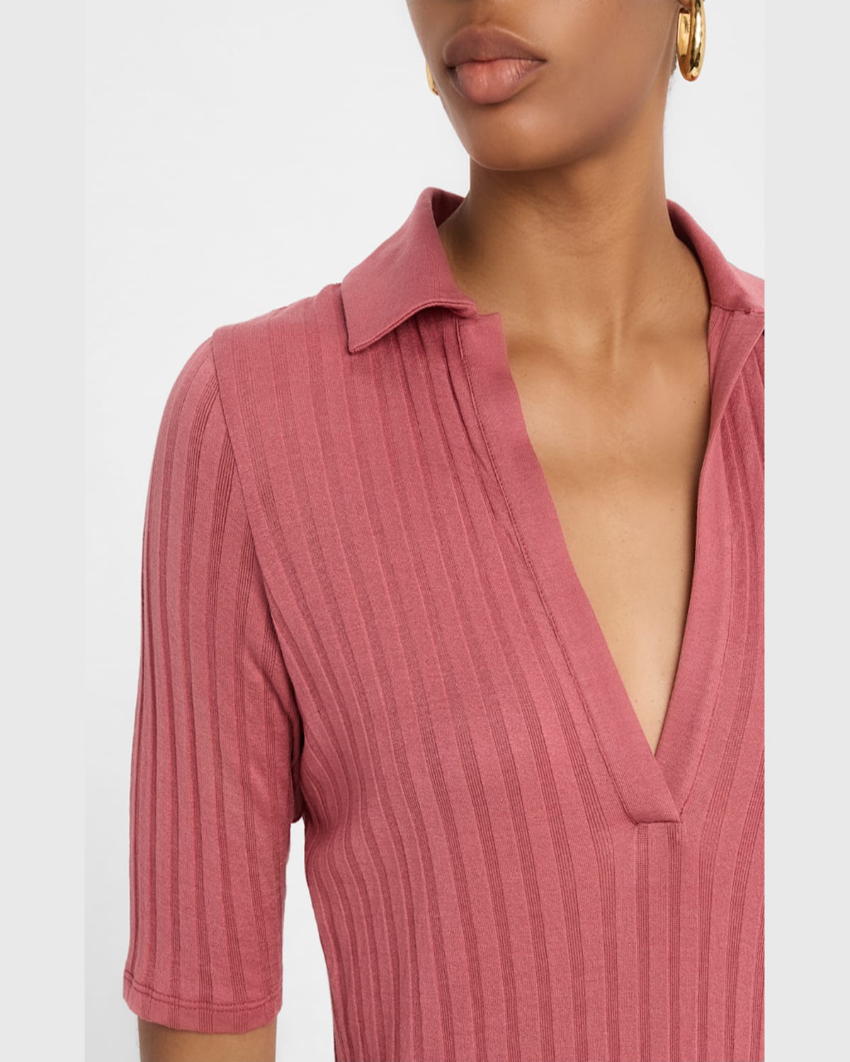 Vince Womens Peony Wood Ribbed V-neck Cotton Polo Shirt In Pink