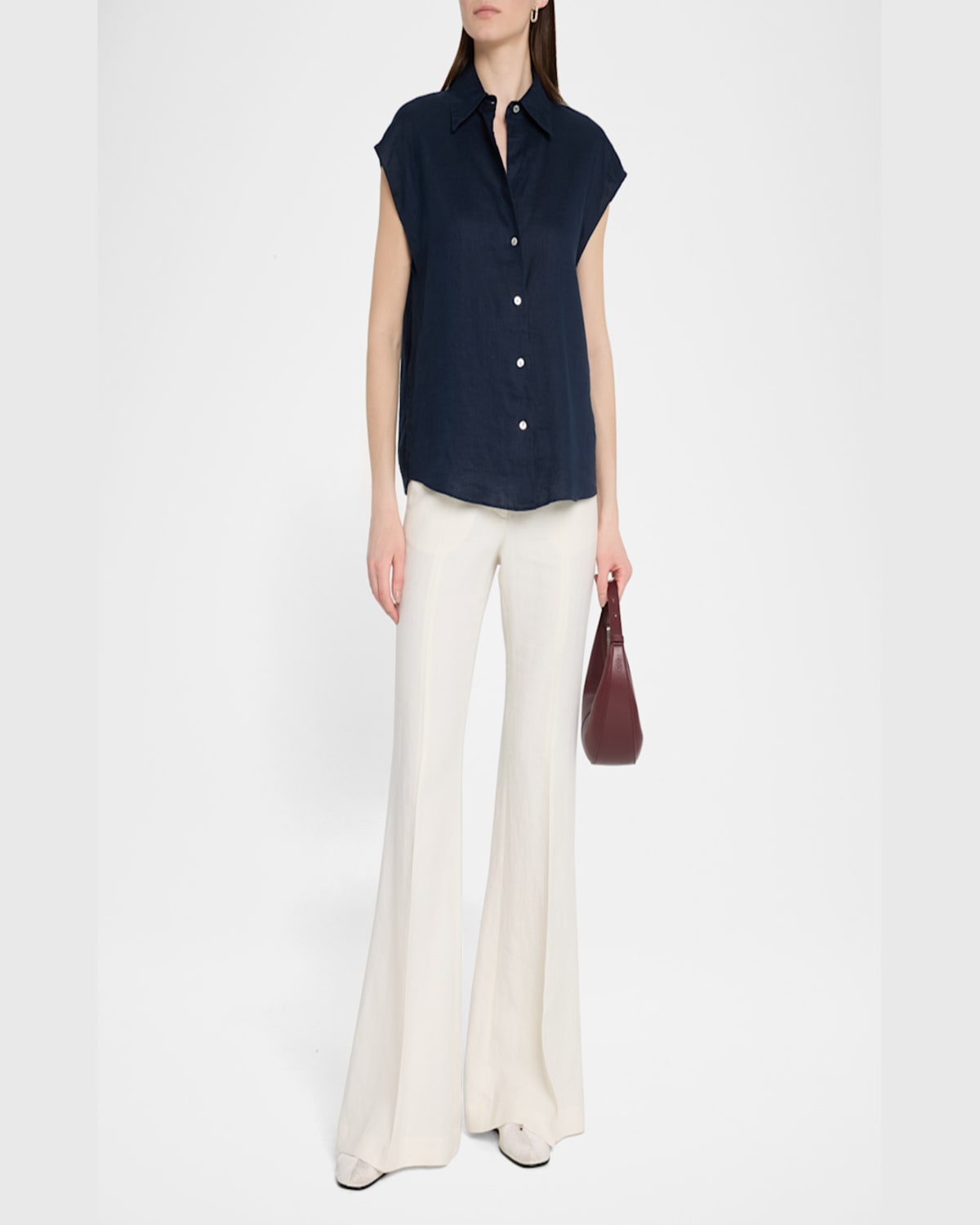 Vince Cap-sleeve Linen Button-front Blouse In Coastal Blue