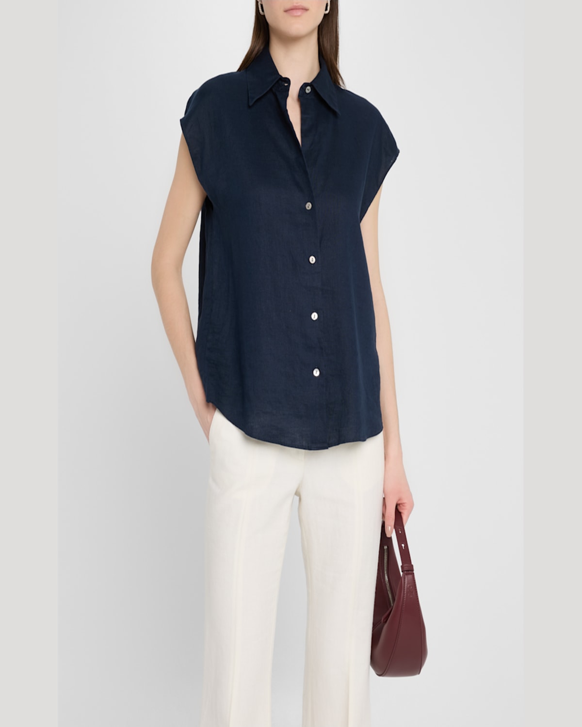 Vince Cap-sleeve Linen Button-front Blouse In Coastal Blue