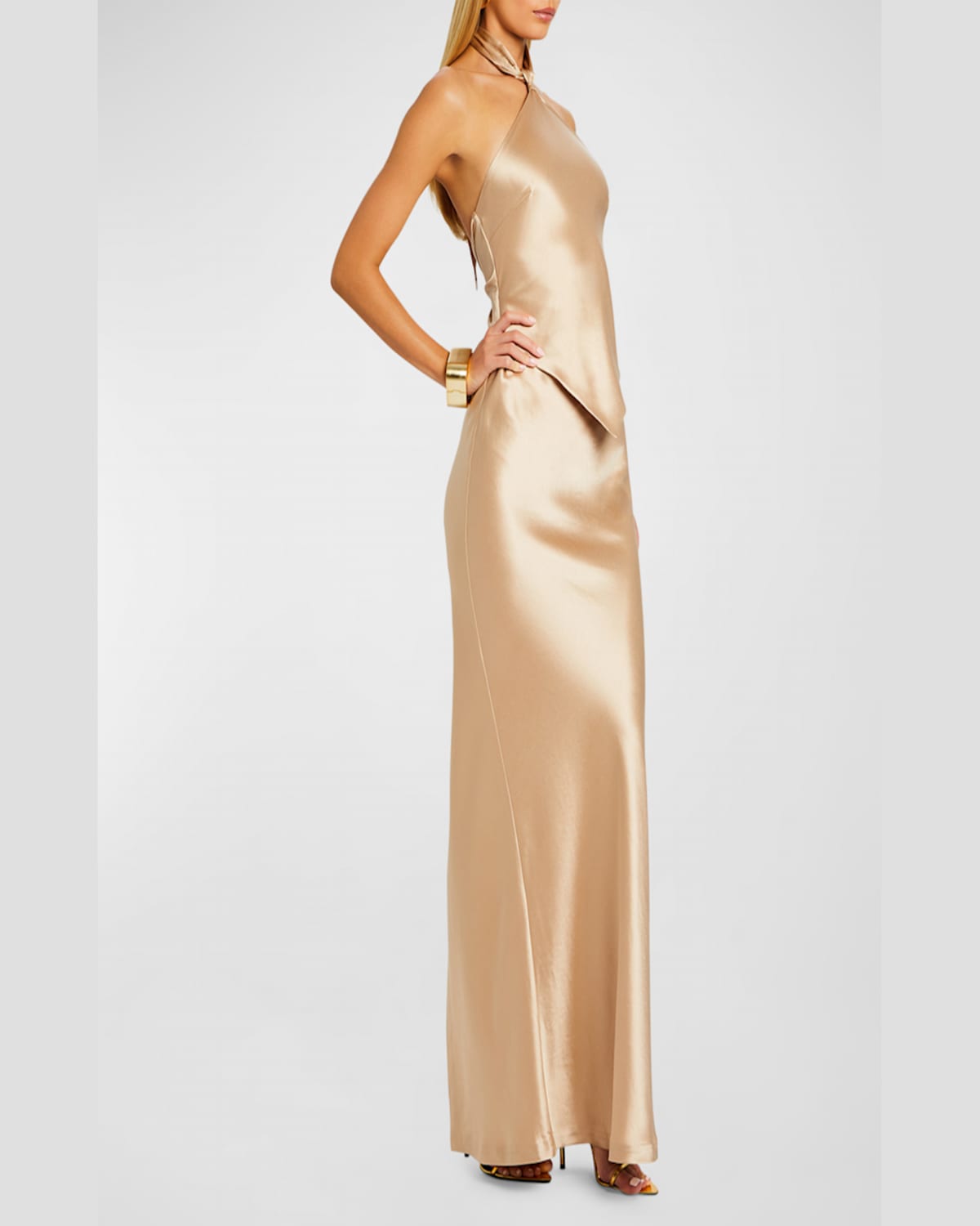 RETROFÉTE ESTER BACKLESS HALTER SATIN GOWN 