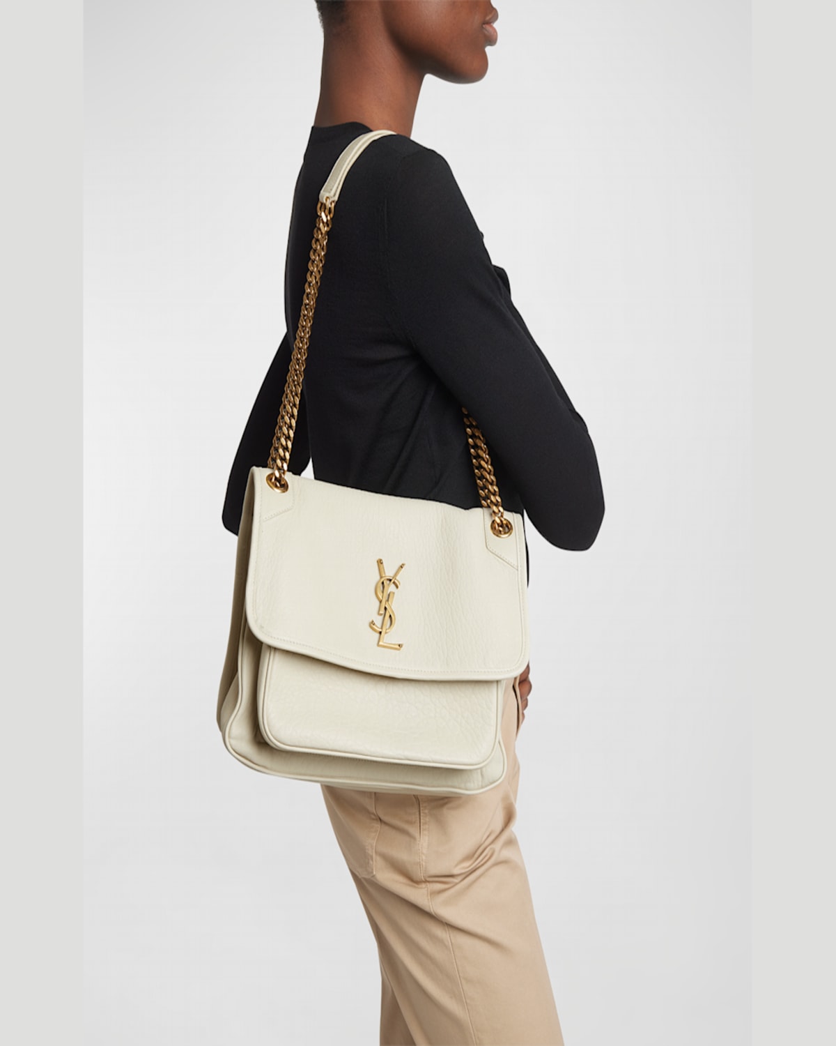 Saint Laurent Niki Medium Ysl Leather Shoulder Bag In Crema Soft