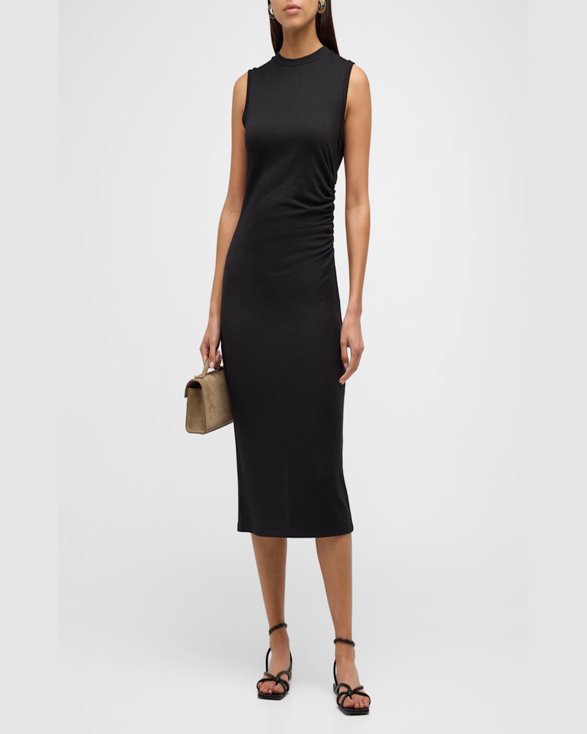 Shop Vince Sleeveless Waist-gathered Midi Dress In Moss Smoke