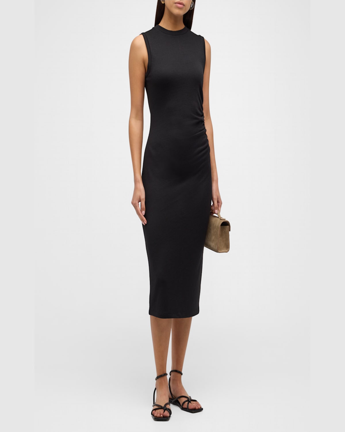 Shop Vince Sleeveless Waist-gathered Midi Dress In Moss Smoke