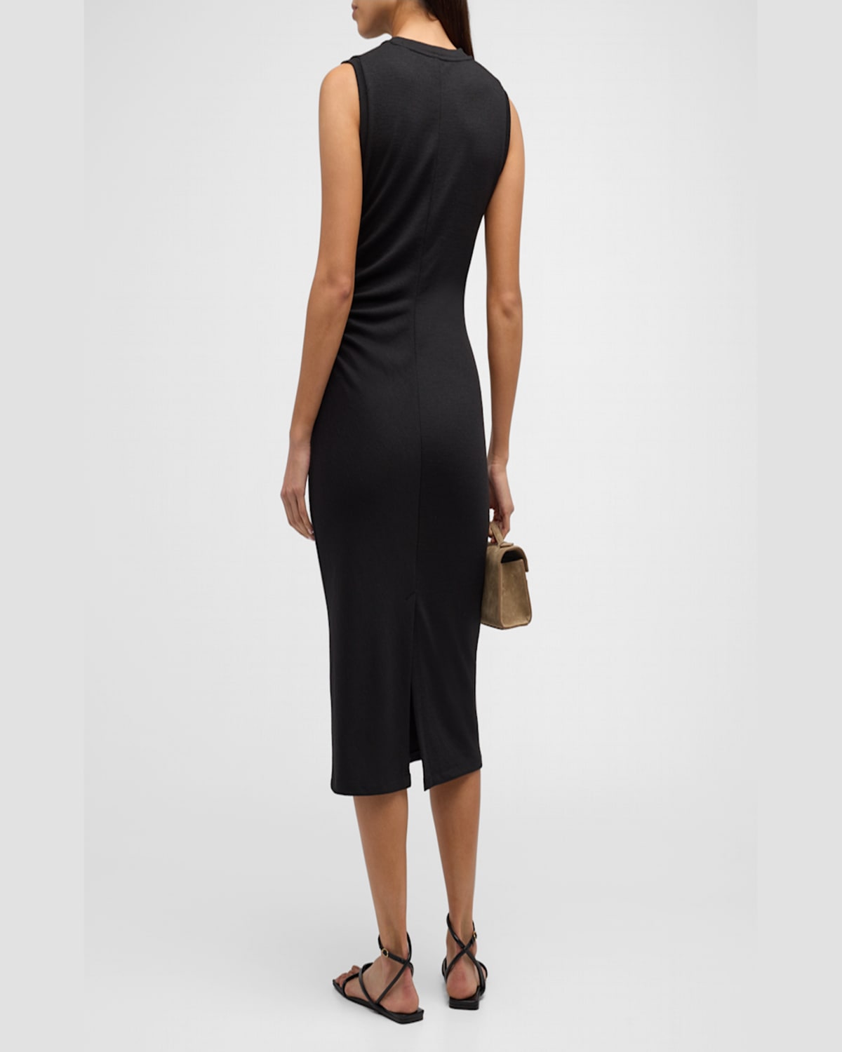 Shop Vince Sleeveless Waist-gathered Midi Dress In Moss Smoke
