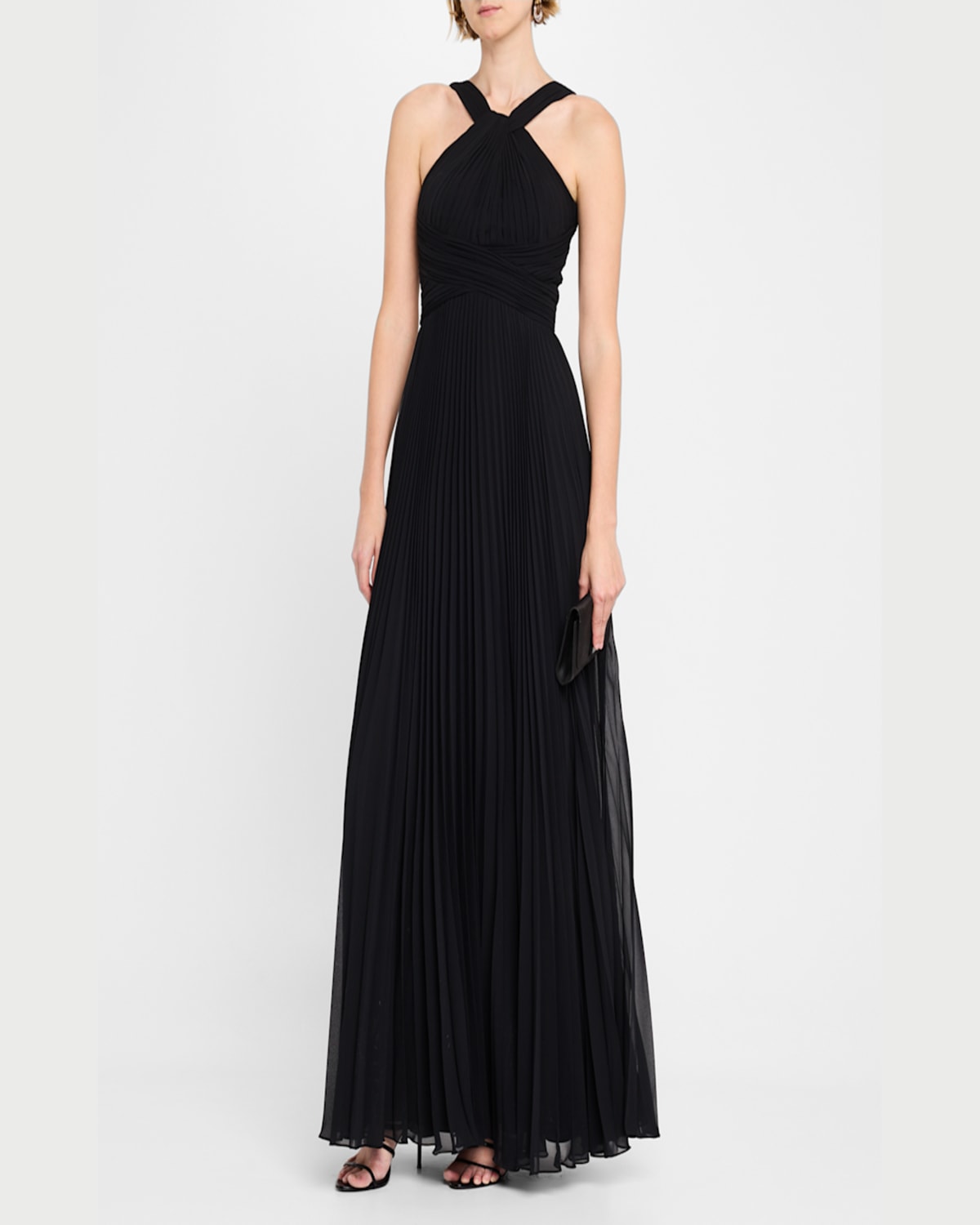 Rickie Freeman For Teri Jon Pleated Twist-front A-line Halter Gown In Black