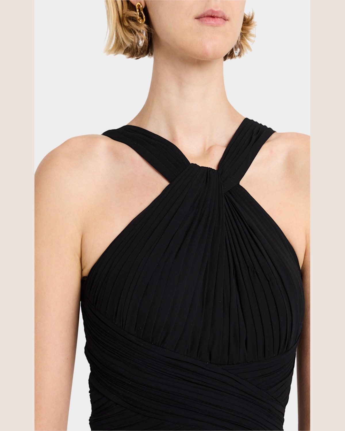 Rickie Freeman For Teri Jon Pleated Twist-front A-line Halter Gown In Black