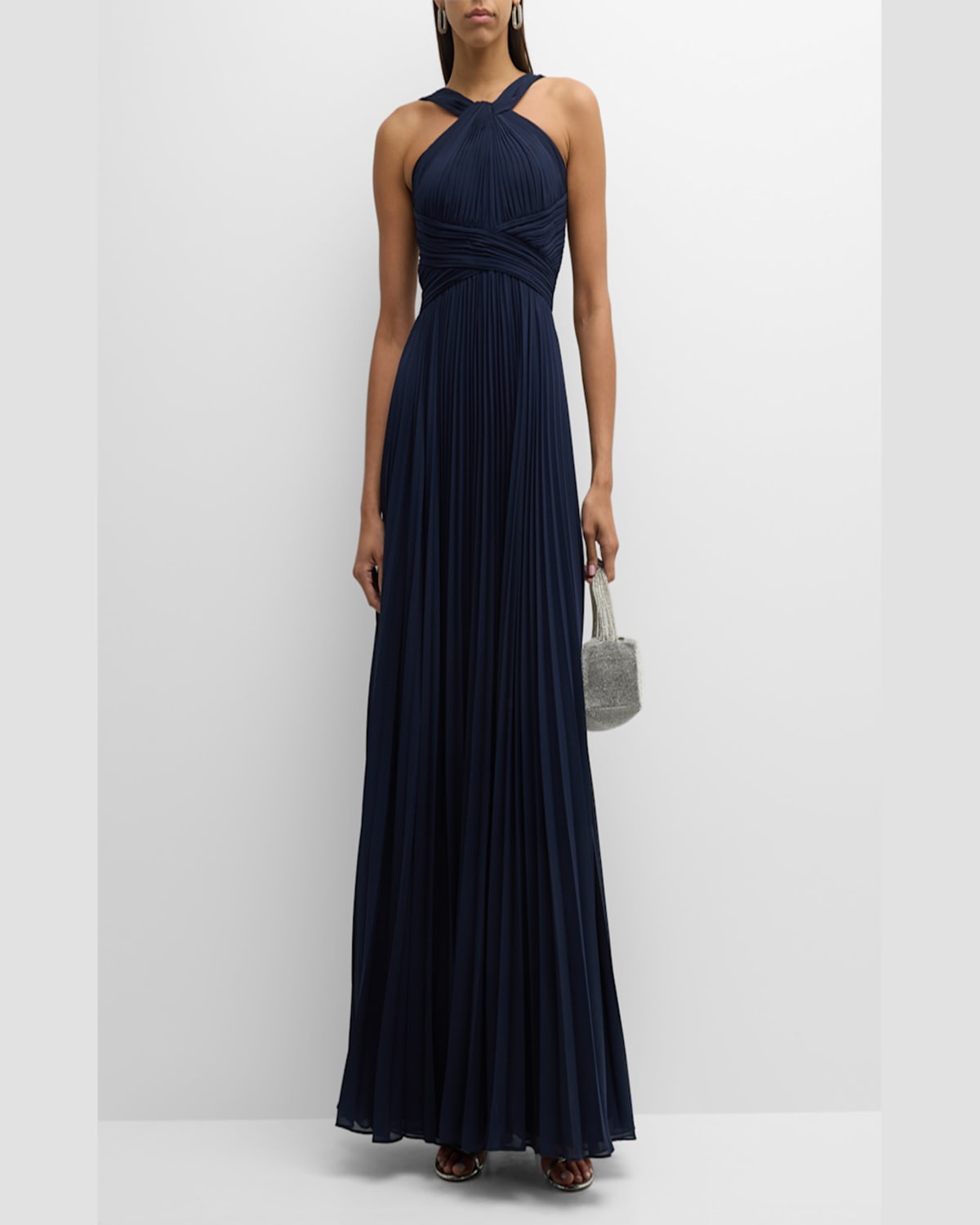 Rickie Freeman For Teri Jon Pleated Twist-front A-line Halter Gown In Black