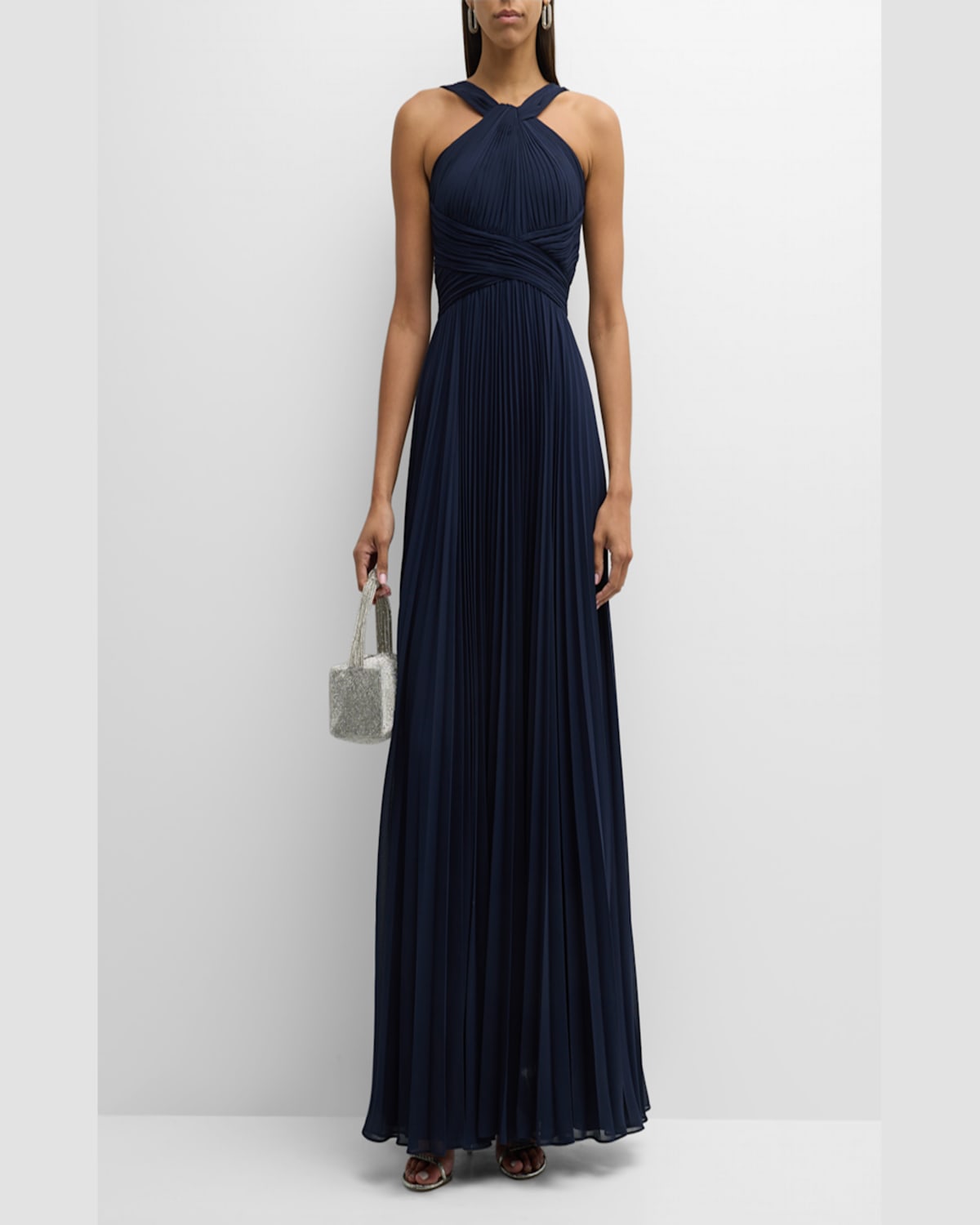 Rickie Freeman For Teri Jon Pleated Twist-front A-line Halter Gown In Black