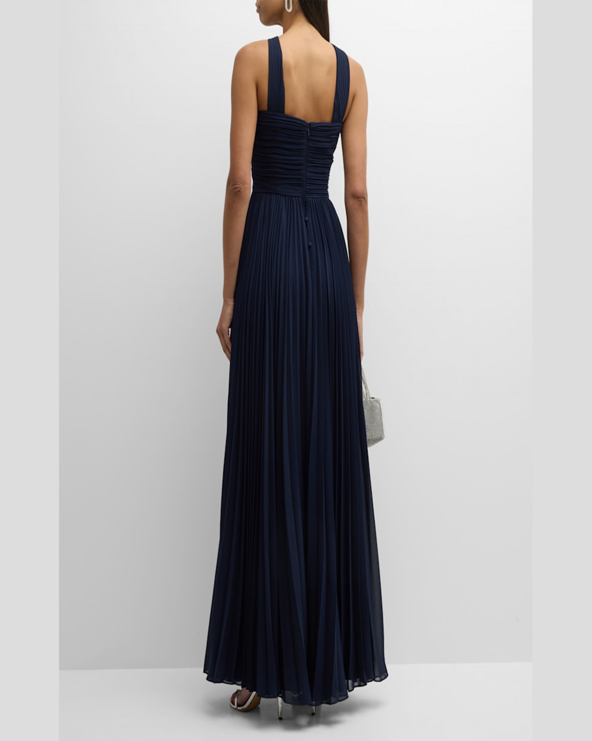 Rickie Freeman For Teri Jon Pleated Twist-front A-line Halter Gown In Black