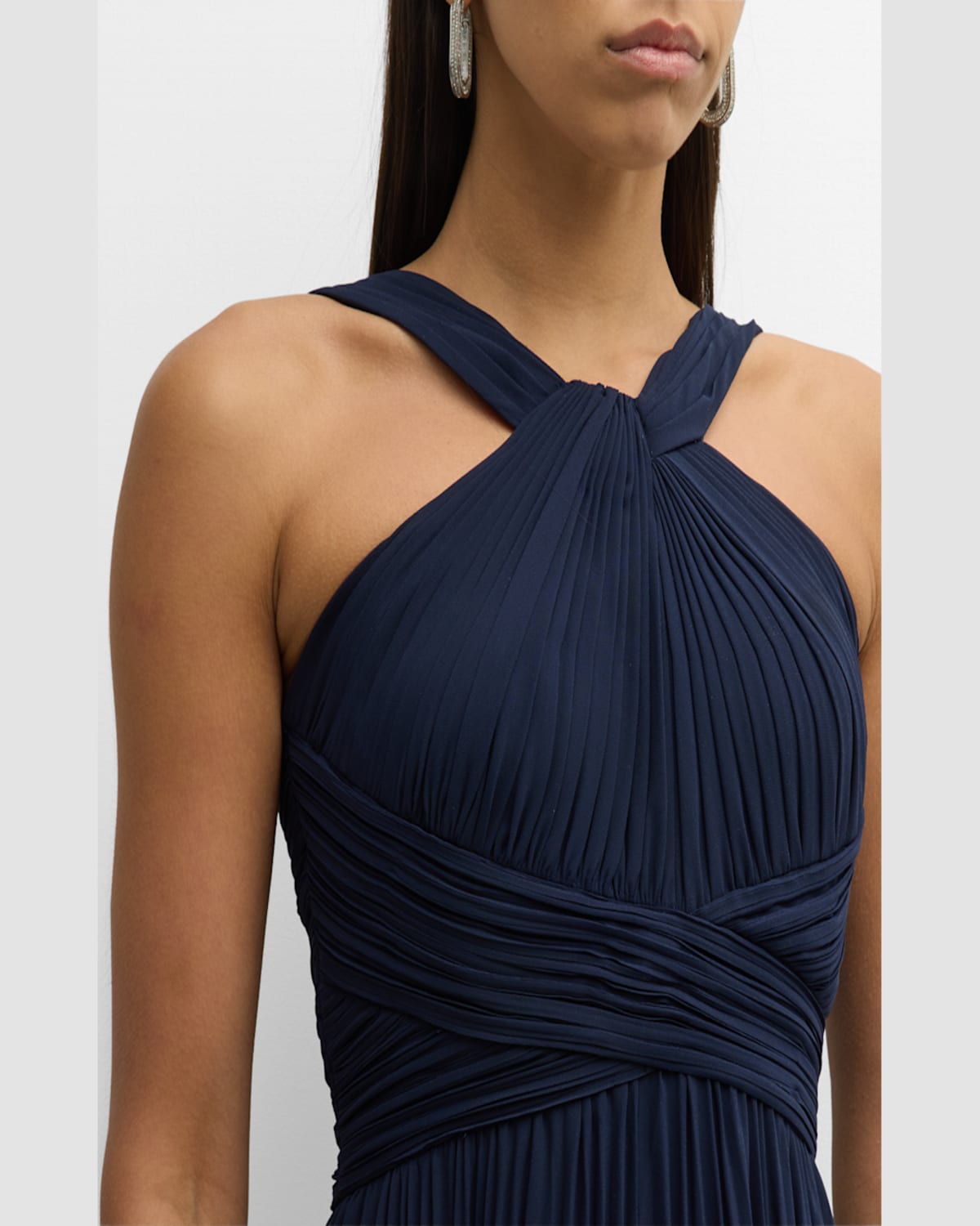 Rickie Freeman For Teri Jon Pleated Twist-front A-line Halter Gown In Black