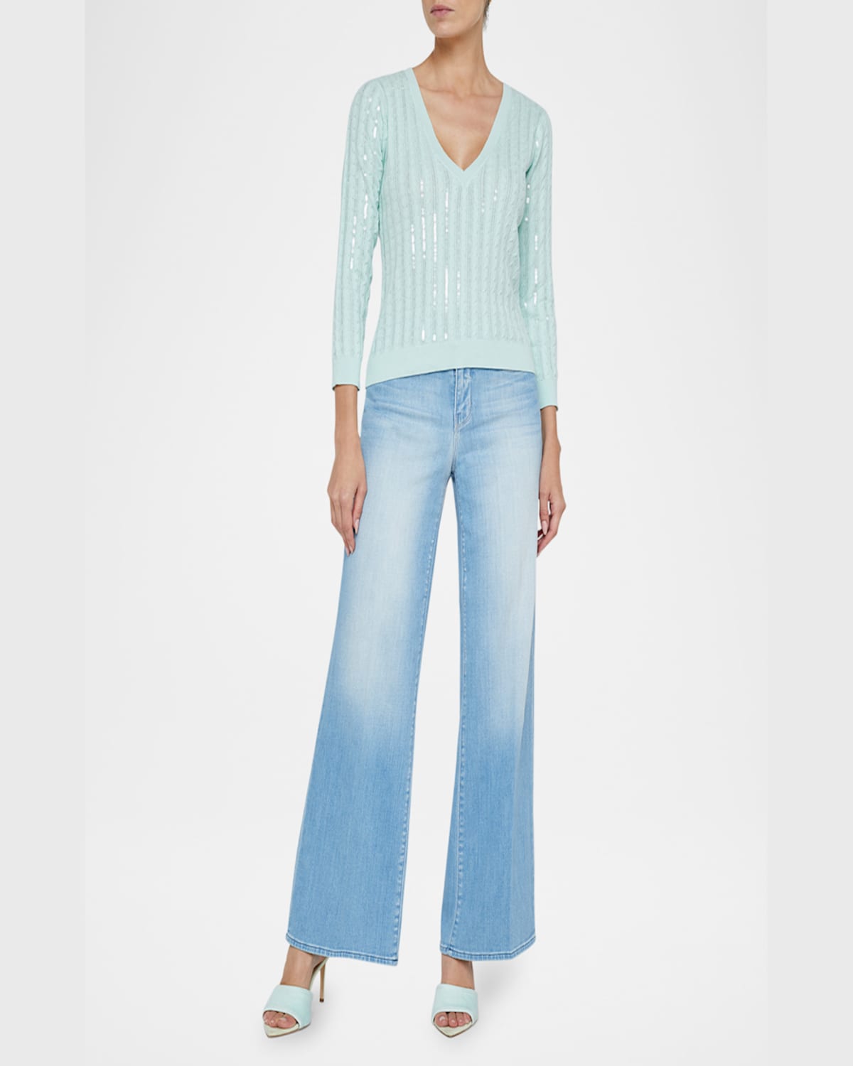 L Agence Trinity Sequin Cabled Pullover Sweater In Pale Jade In Pale Jade