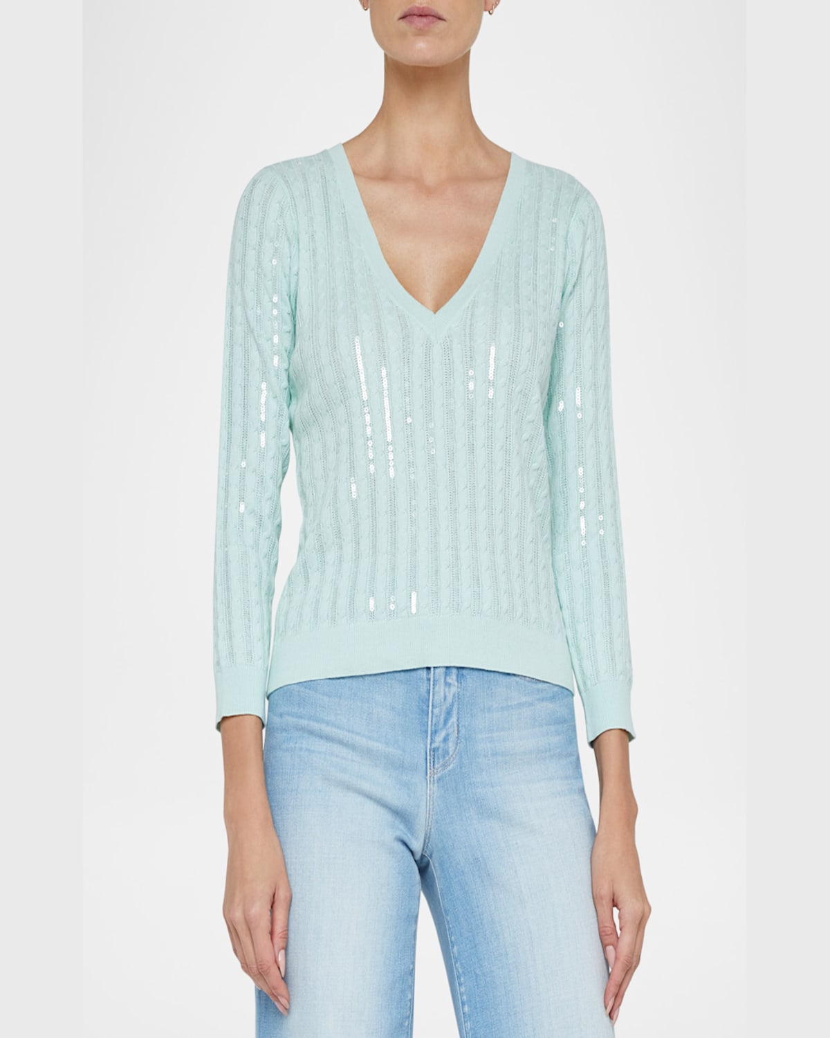 L Agence Trinity Sequin Cabled Pullover Sweater In Pale Jade In Pale Jade