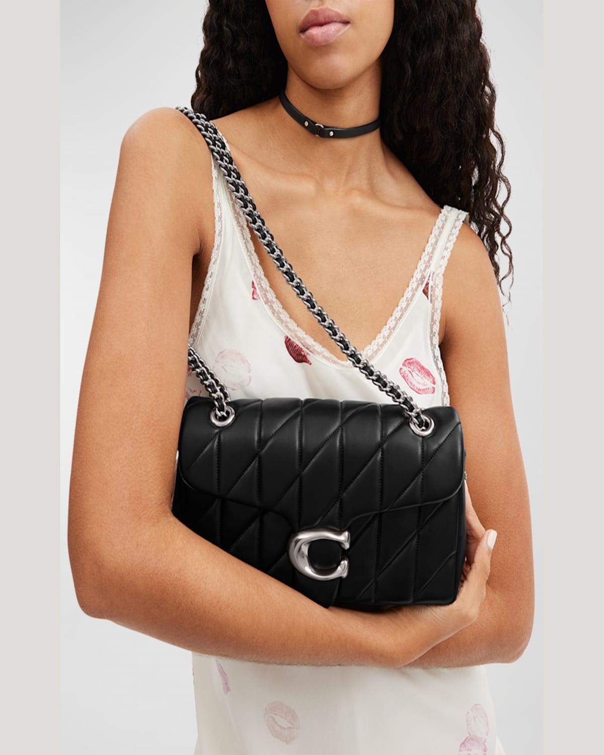 Coach Tabby 26 Black Quilted Crossbody Bag With Chain-link Leather Shoulder Straps And Logo Plaque On The  In Black