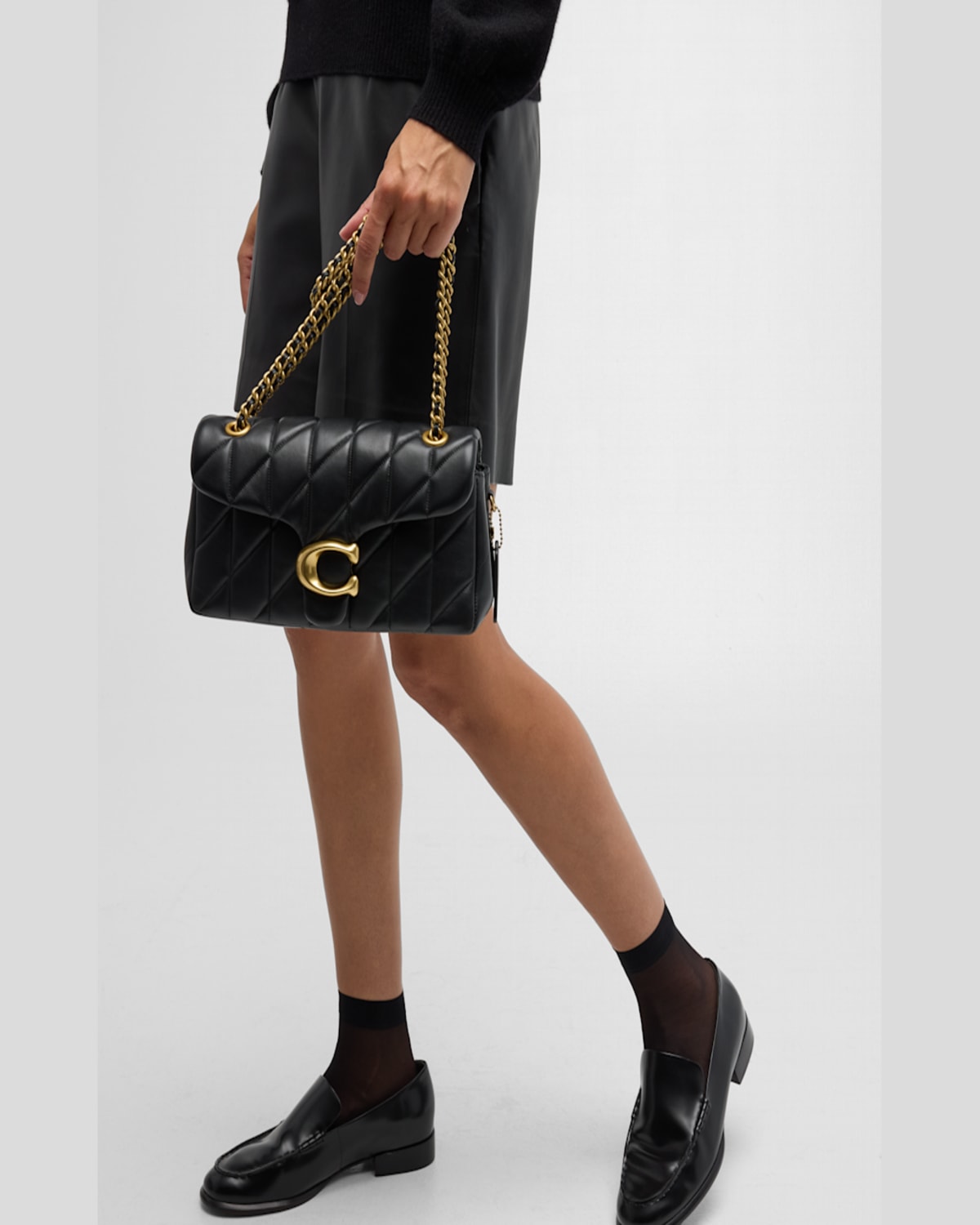 Coach Tabby 26 Black Quilted Crossbody Bag With Chain-link Leather Shoulder Straps And Logo Plaque On The  In Black