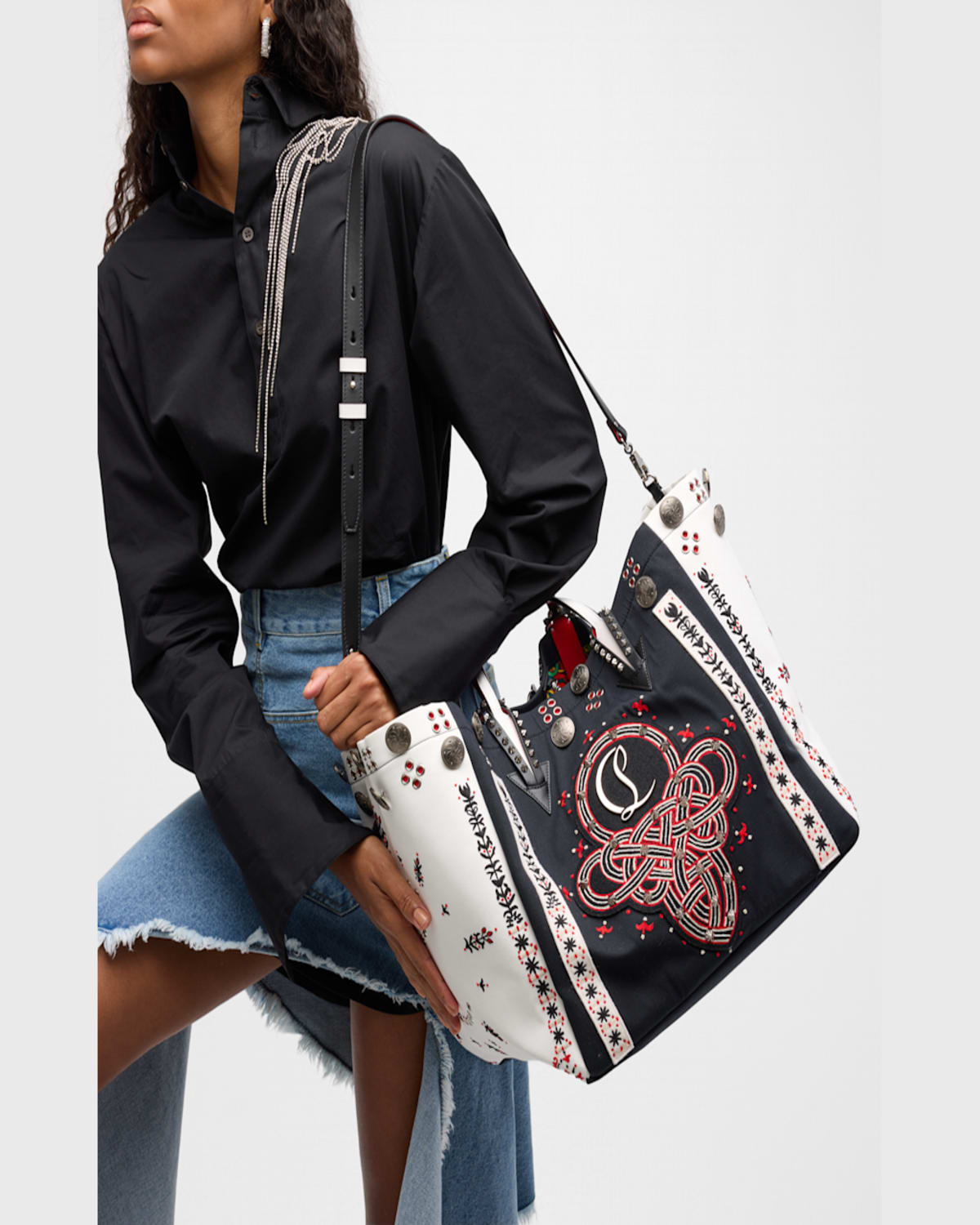 Christian Louboutin Breizcaba Large Tote In Canvas In Black/white