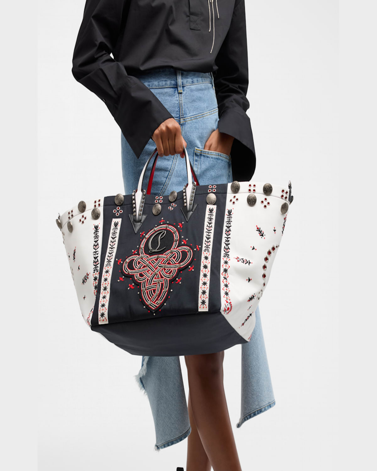 Christian Louboutin Breizcaba Large Tote In Canvas In Black/white