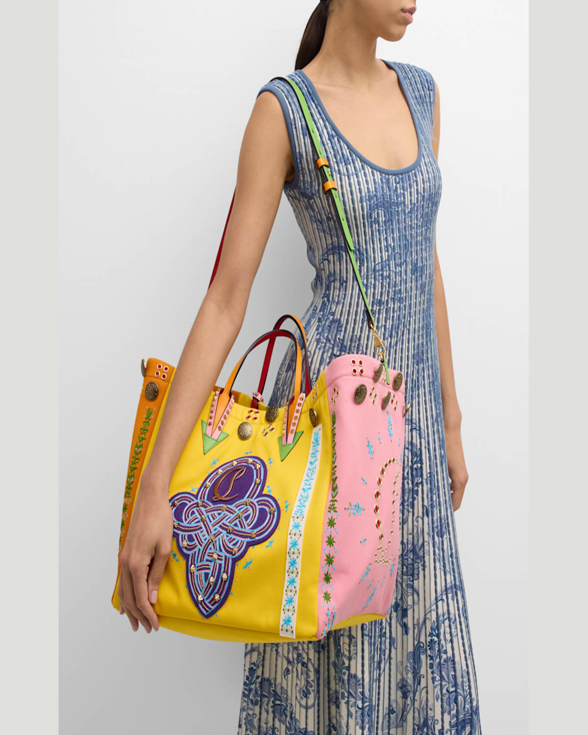 Christian Louboutin Breizcaba Embellished Felt And Leather-trimmed Canvas Tote In Multi