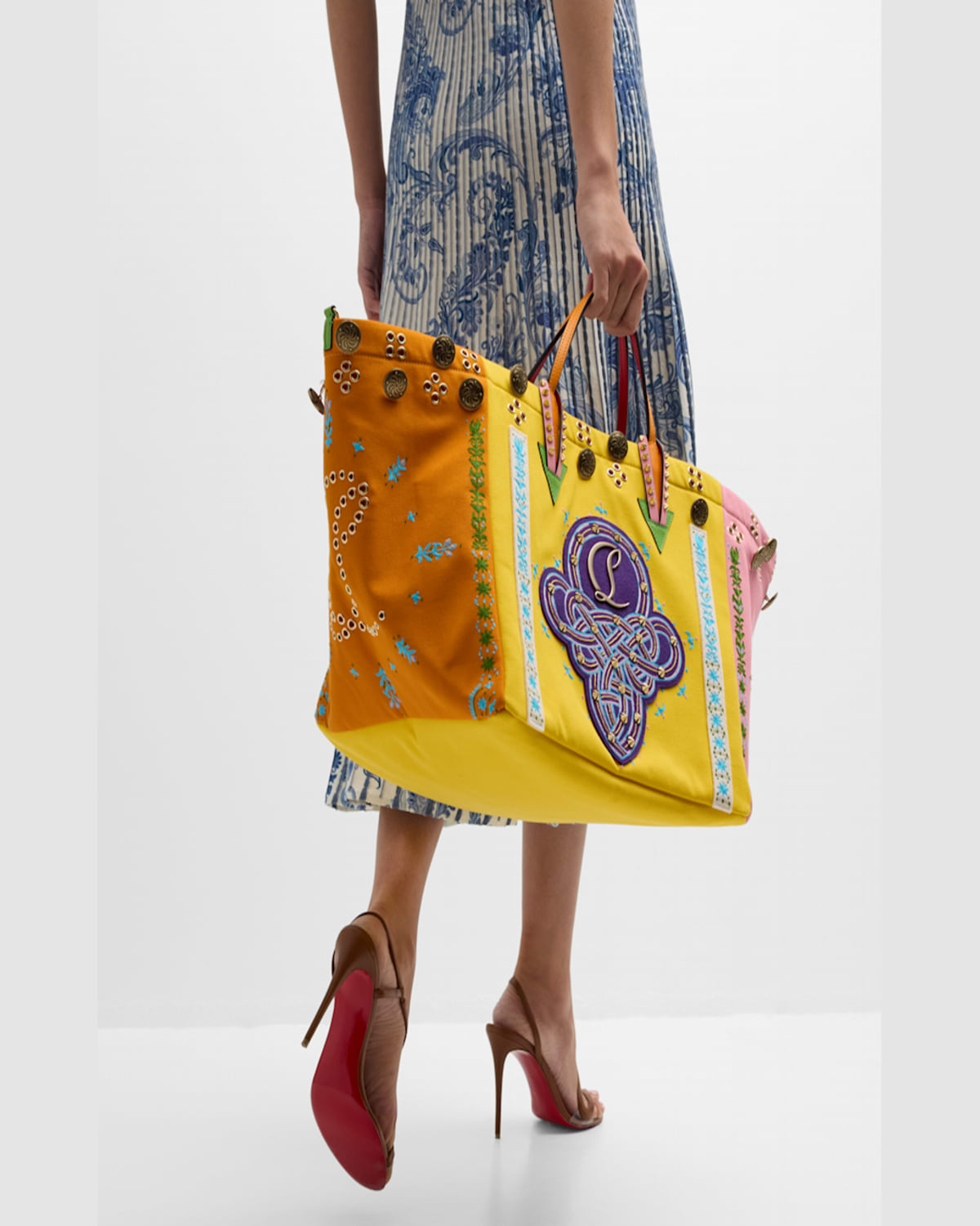 Christian Louboutin Breizcaba Embellished Felt And Leather-trimmed Canvas Tote In Multi