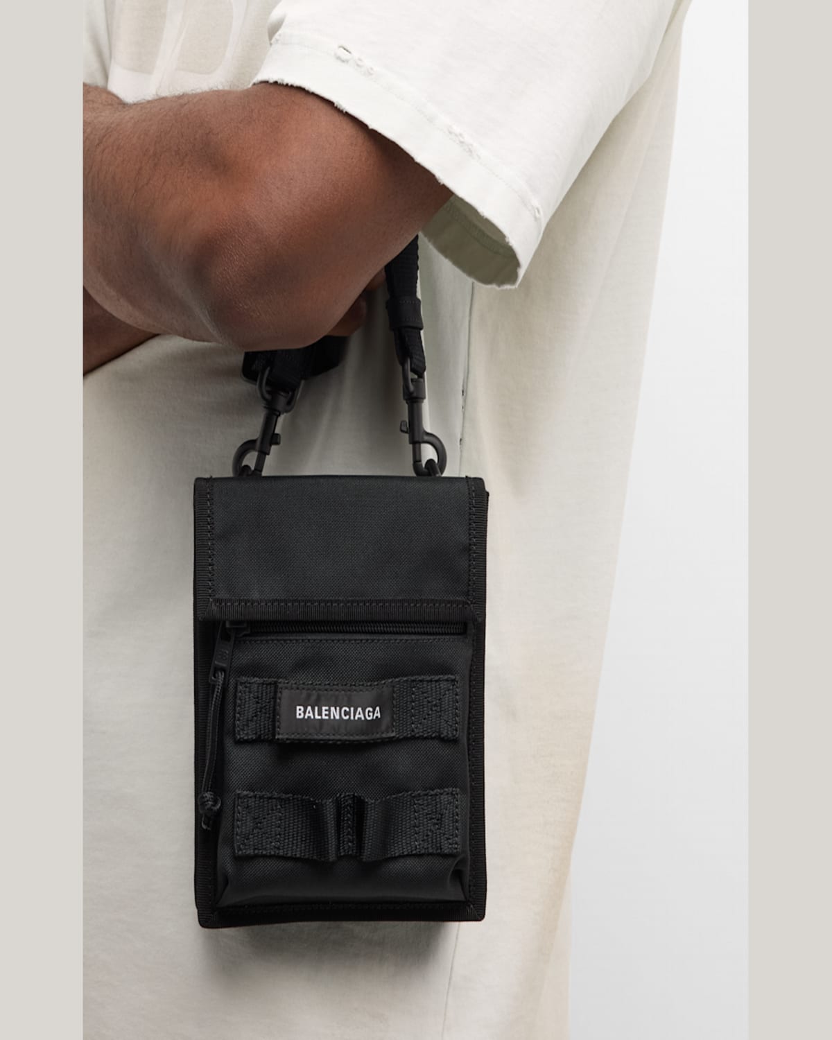 Balenciaga Men's Nylon Army Pouch With Strap In 1000 Black