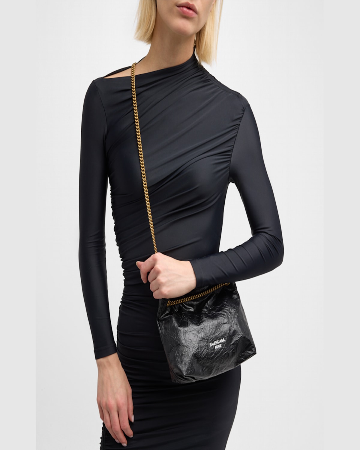 Balenciaga Small Leather Tote Bag With Chain-link Strap In 1000 Black