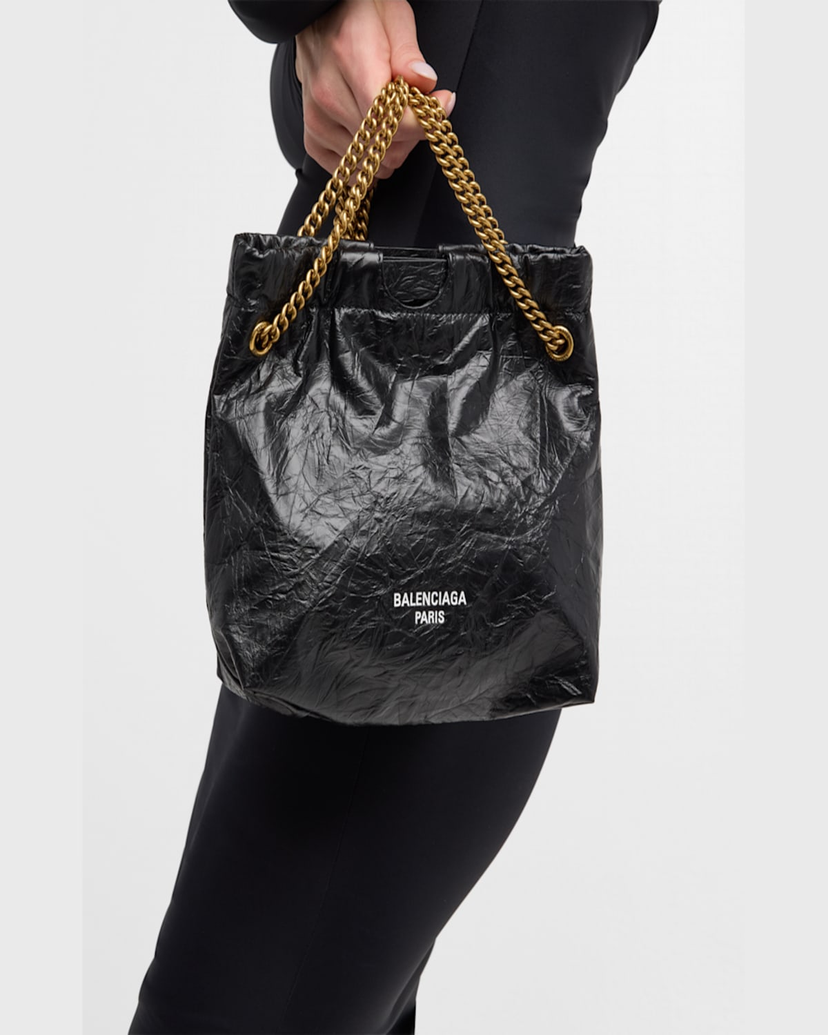 Balenciaga Small Leather Tote Bag With Chain-link Strap In 1000 Black