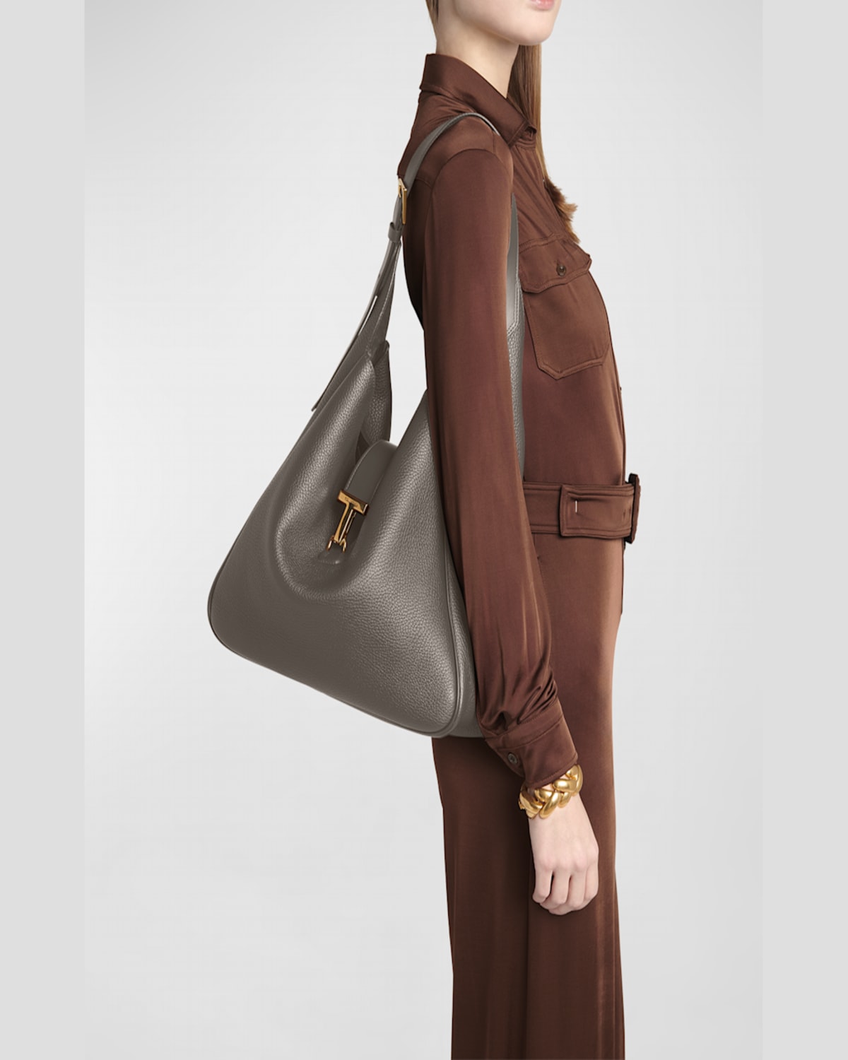 Shop Tom Ford Monarch Medium Hobo Bag In Leather In Graphite