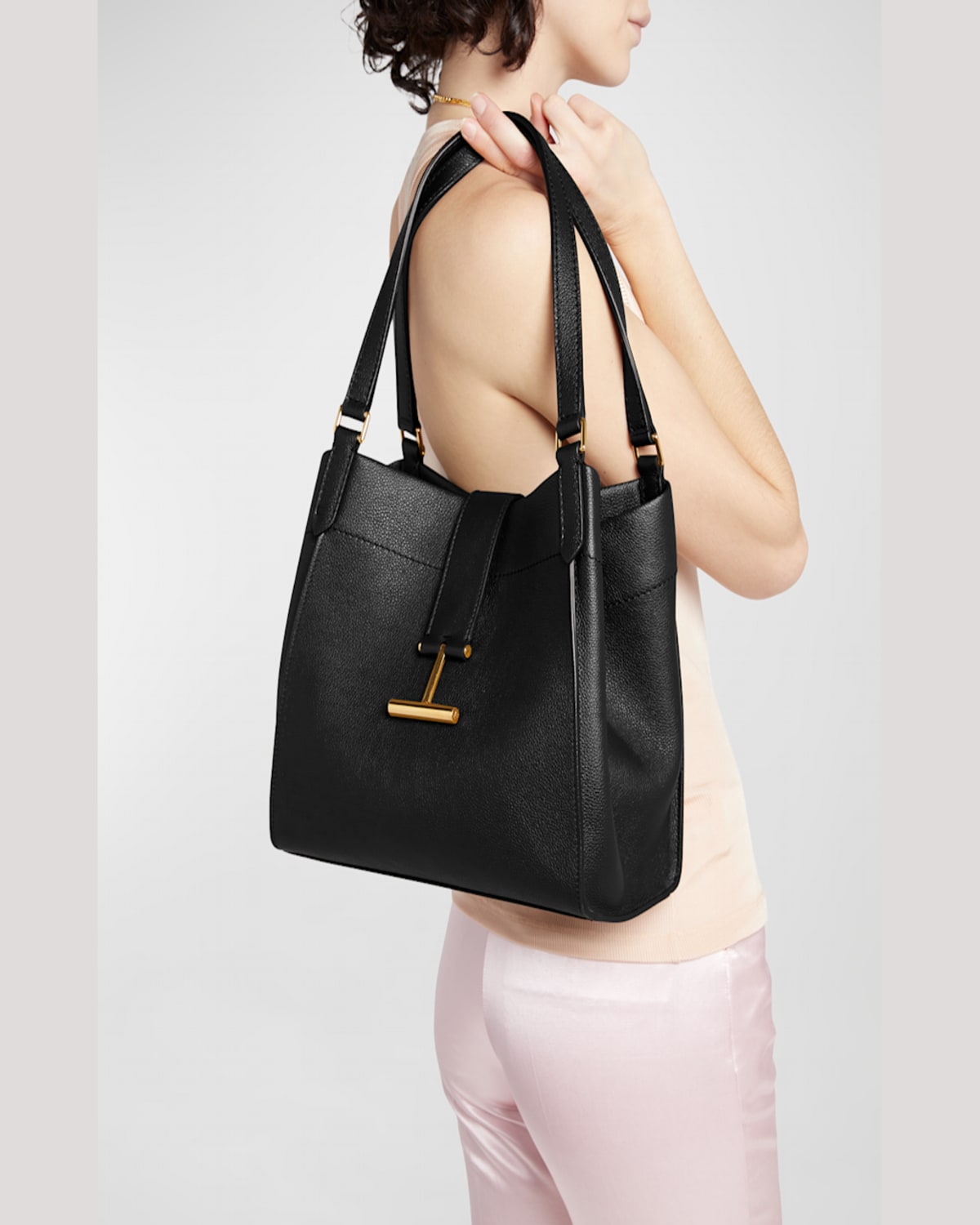 Shop Tom Ford Tara Medium Grain Leather Tote Bag In Black