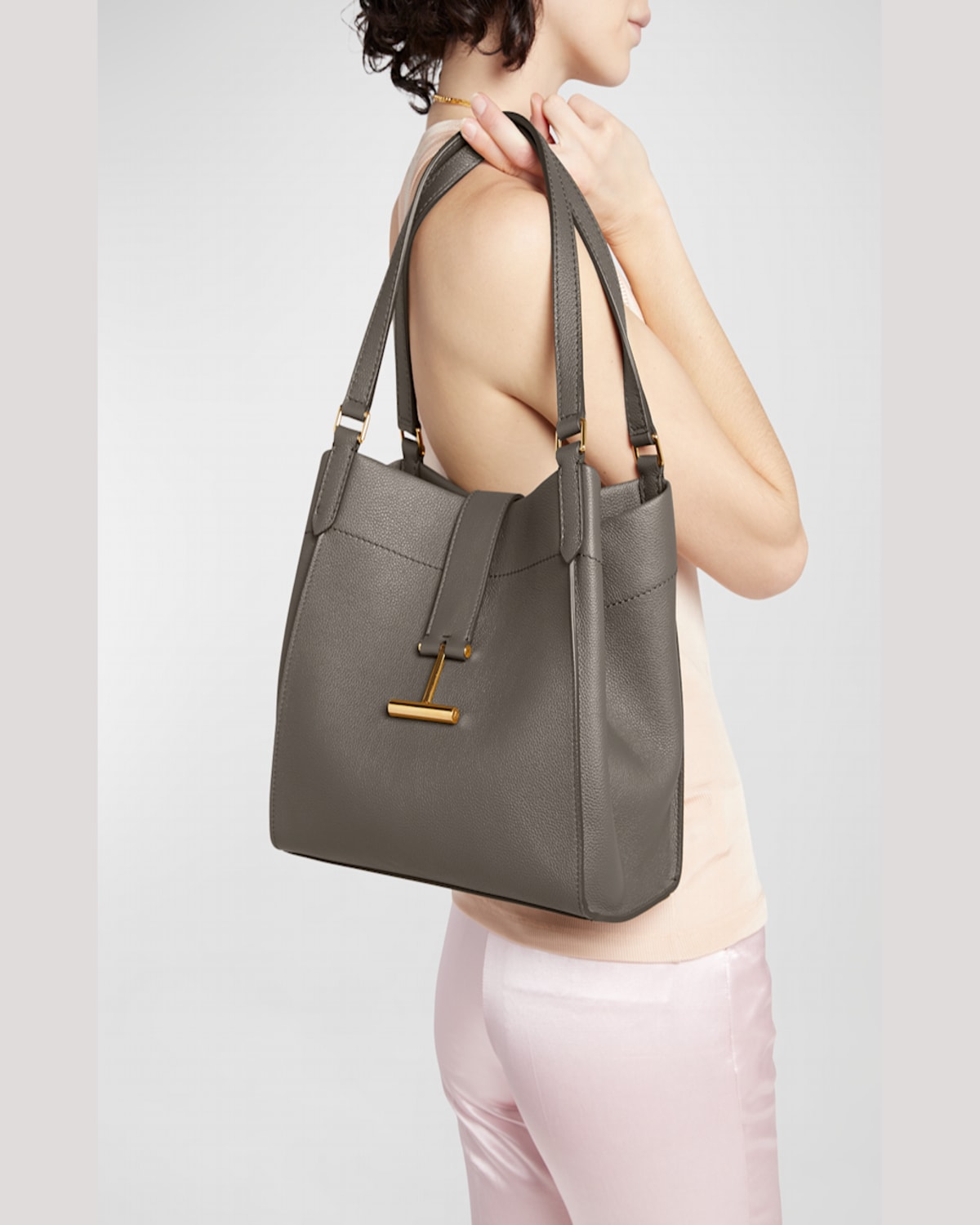 Shop Tom Ford Tara Medium Grain Leather Tote Bag In Graphite