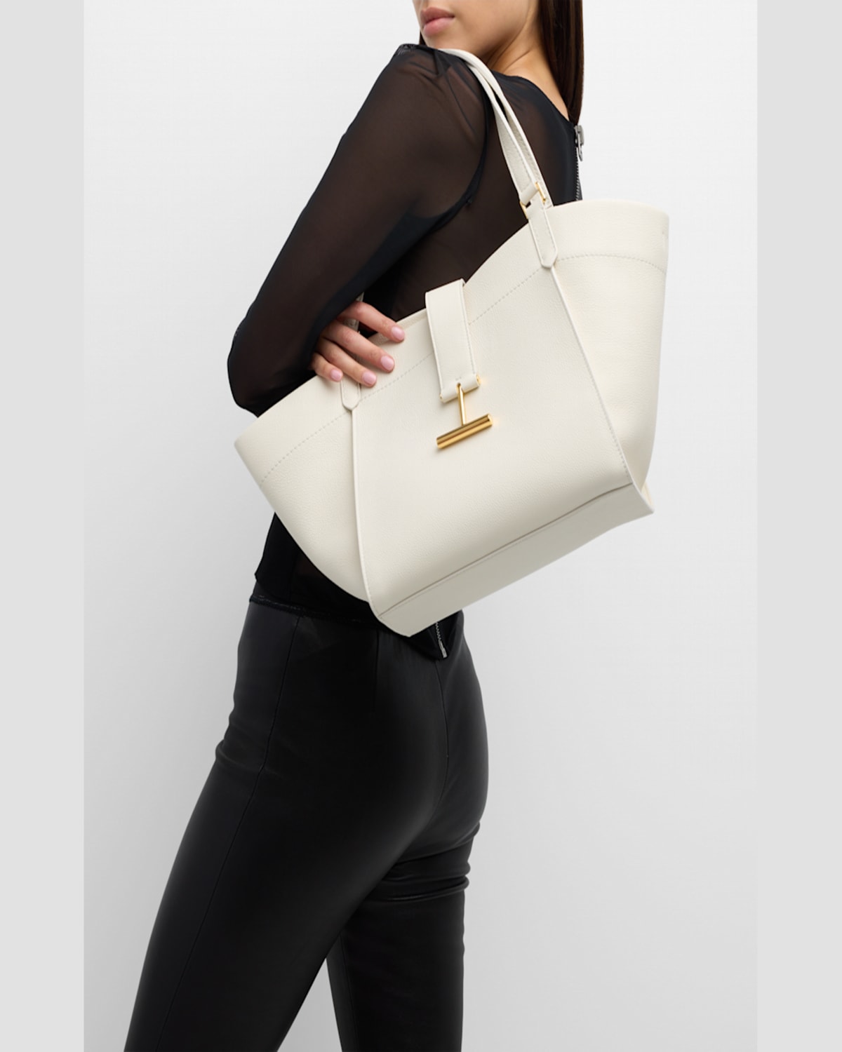Shop Tom Ford Tara Medium Grain Leather Tote Bag In Cream