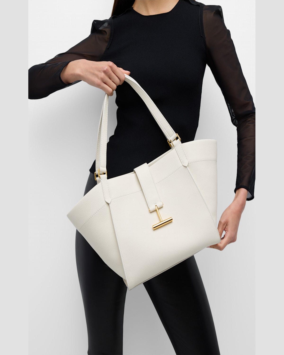 Shop Tom Ford Tara Medium Grain Leather Tote Bag In Cream