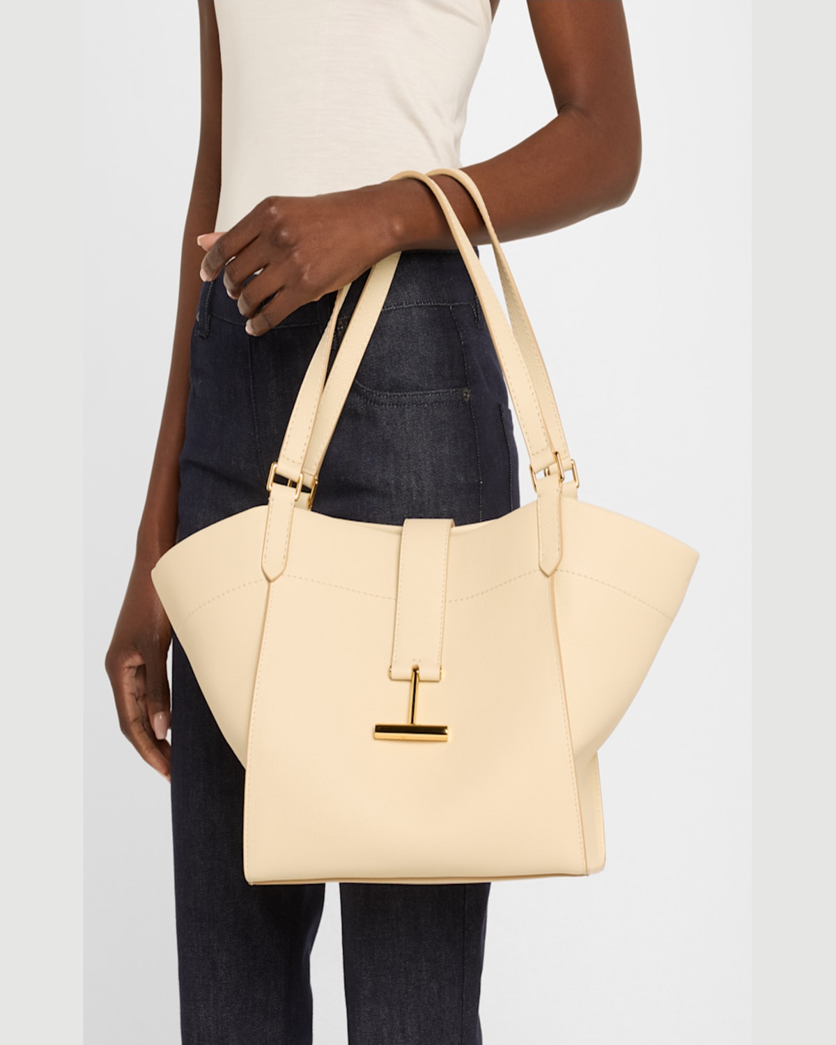 Shop Tom Ford Tara Medium Grain Leather Tote Bag In Cream