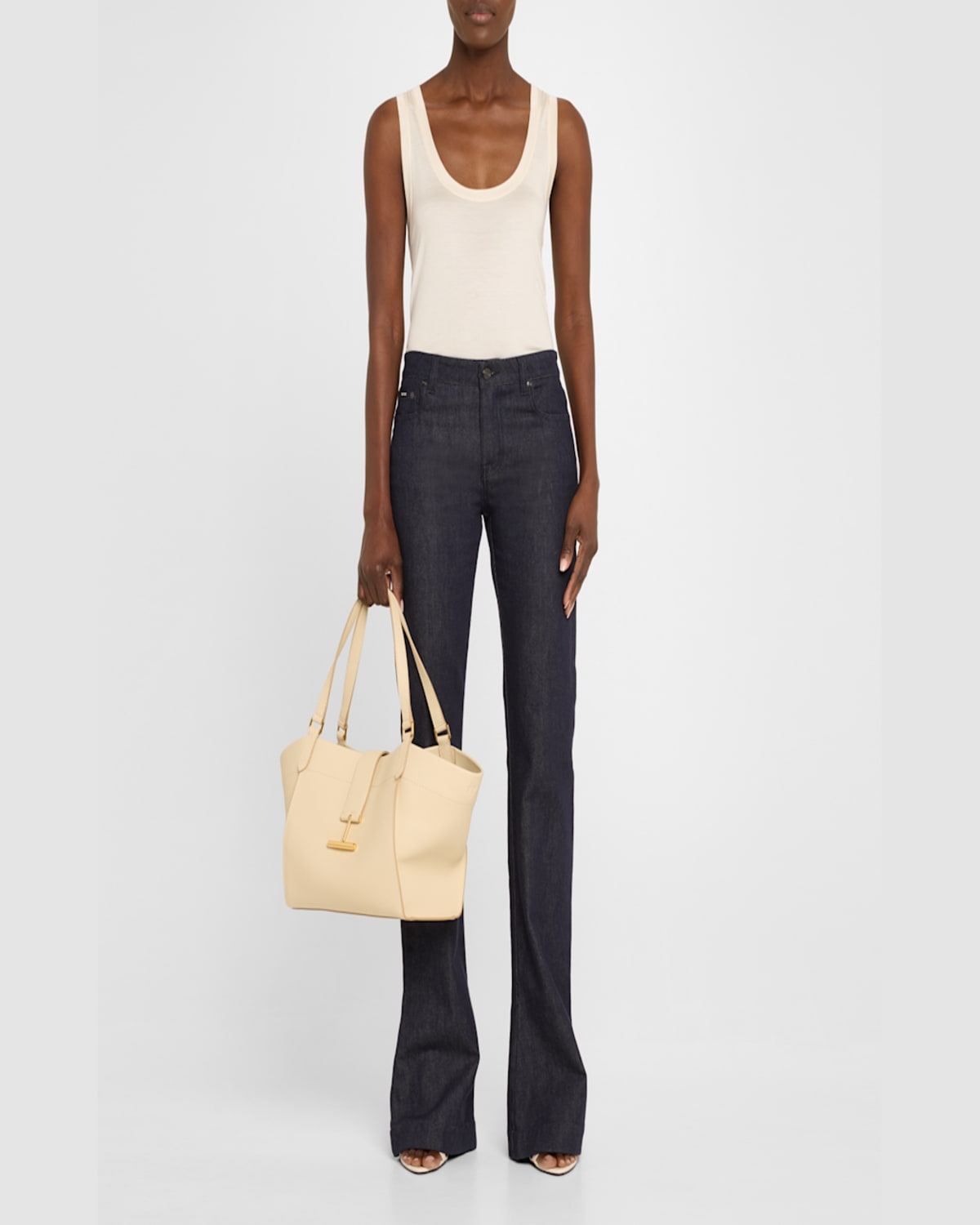 Shop Tom Ford Tara Medium Grain Leather Tote Bag In Cream