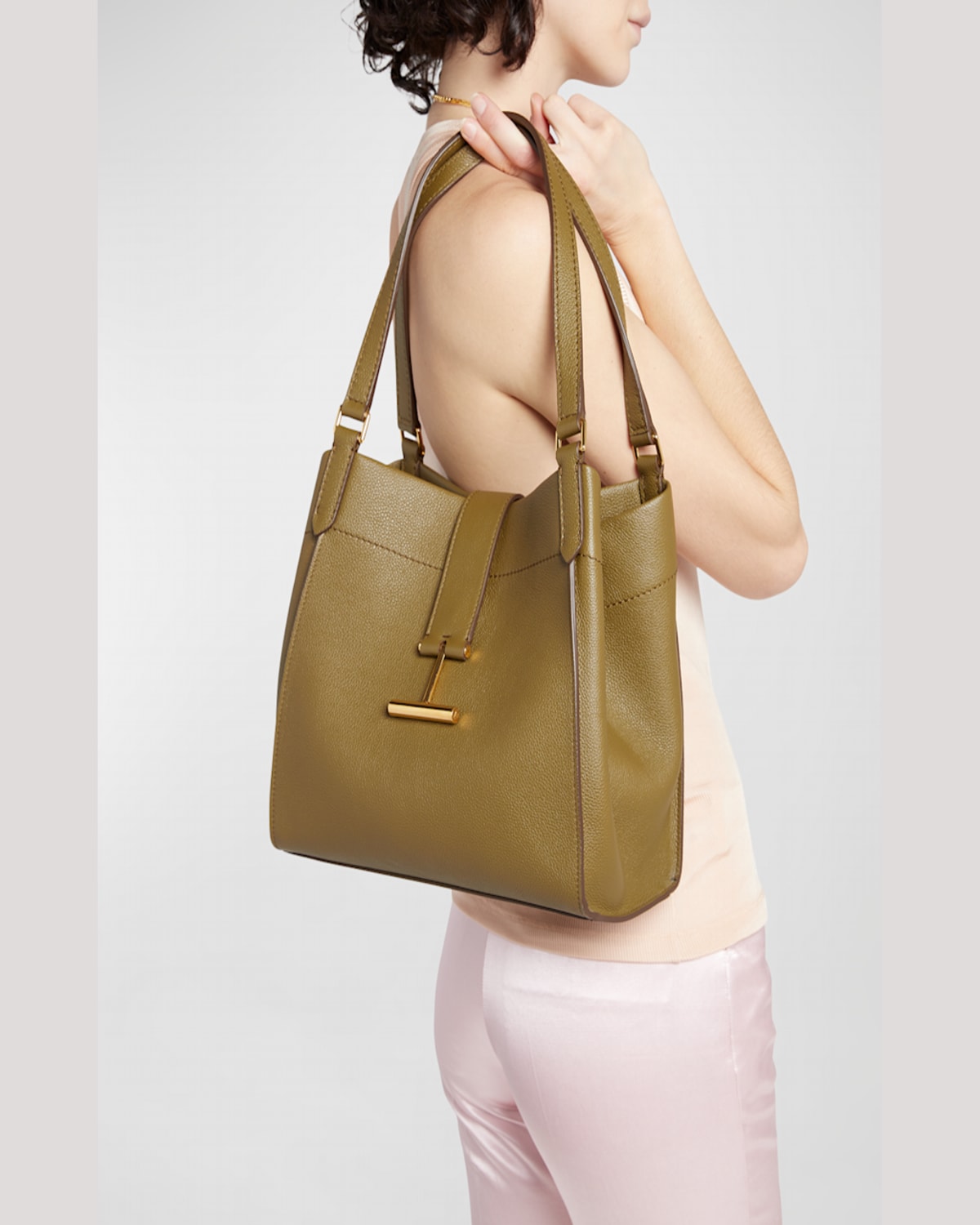 Shop Tom Ford Tara Medium Grain Leather Tote Bag In Graphite