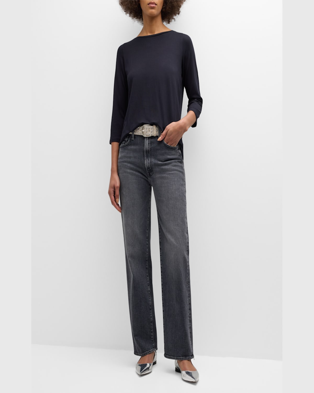 Majestic Three Quarter Sleeve Pleated Back Top In Noir