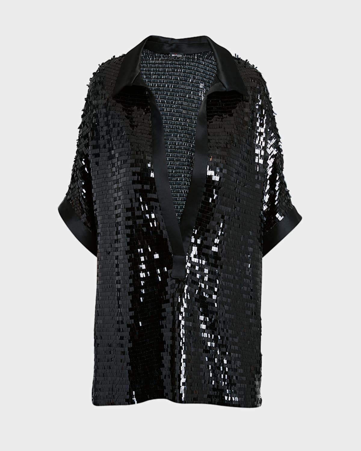Kiton Sequin Open-collar Satin-trim Short-sleeve Top In Blk