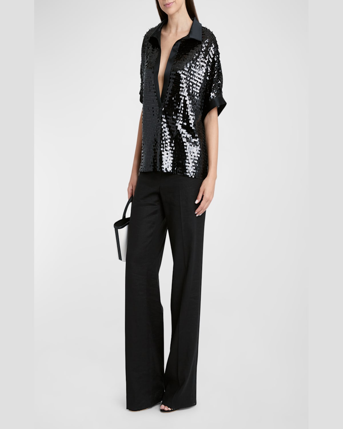 Kiton Sequin Open-collar Satin-trim Short-sleeve Top In Blk