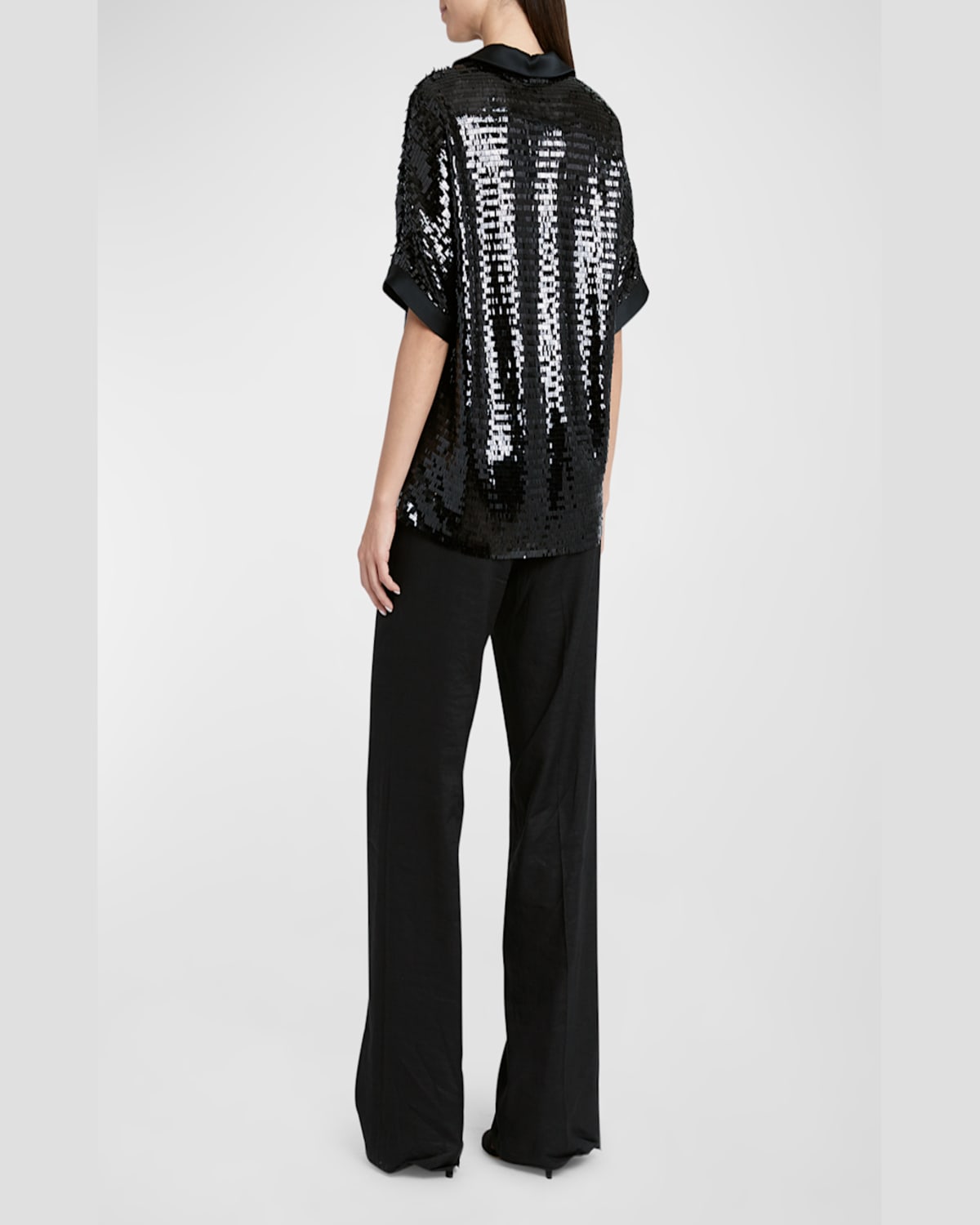 Kiton Sequin Open-collar Satin-trim Short-sleeve Top In Blk