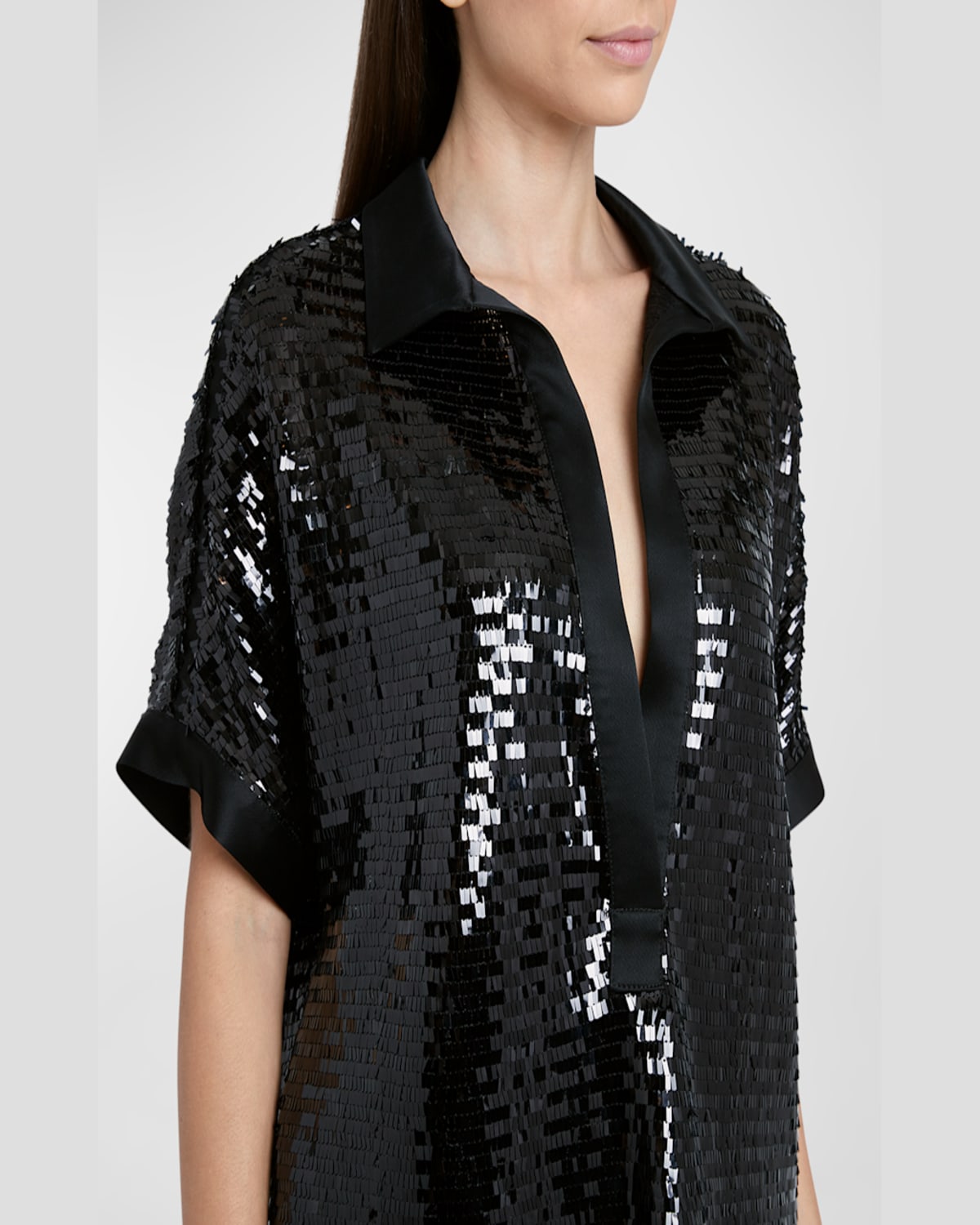 Kiton Sequin Open-collar Satin-trim Short-sleeve Top In Blk