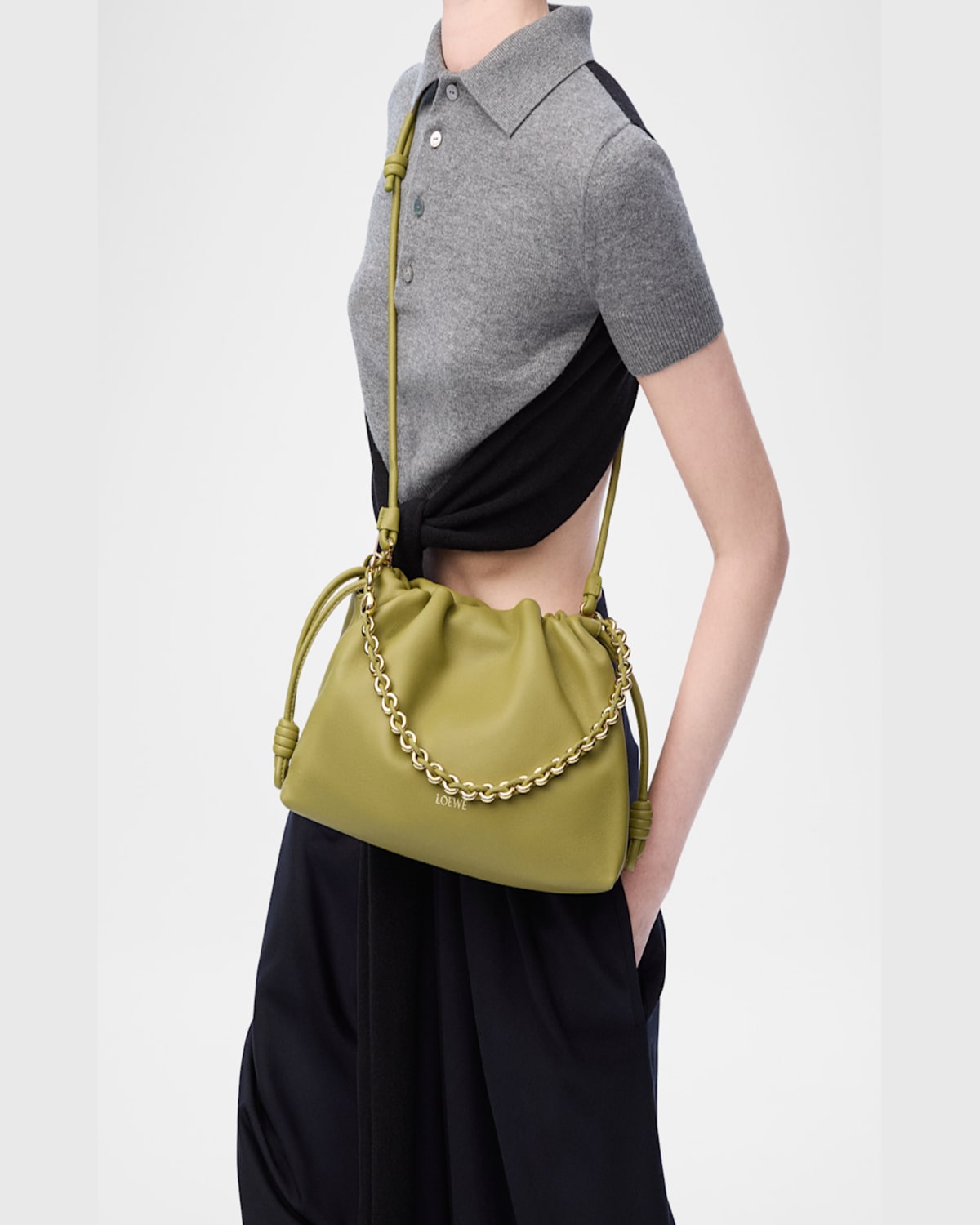 Loewe Flamenco Small Crossbody Bag In Napa Leather With Detachable Chain In Light Moss