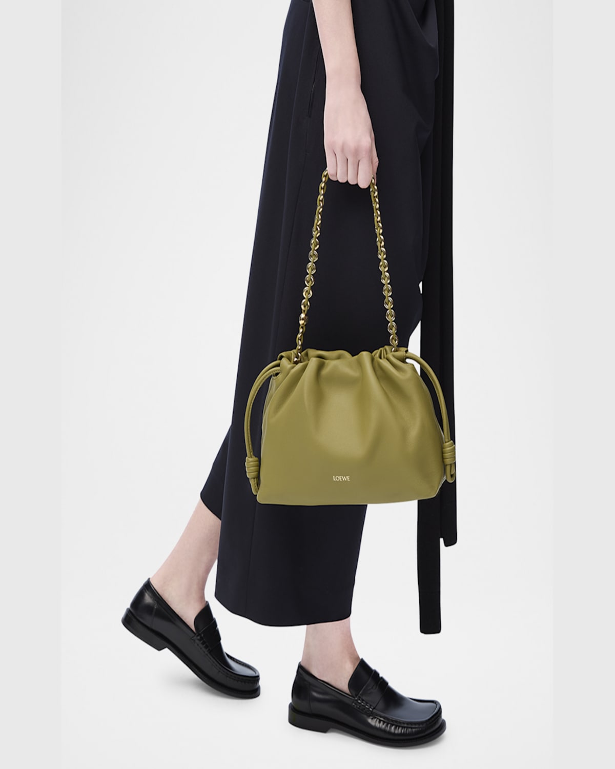 Loewe Flamenco Small Crossbody Bag In Napa Leather With Detachable Chain In Light Moss