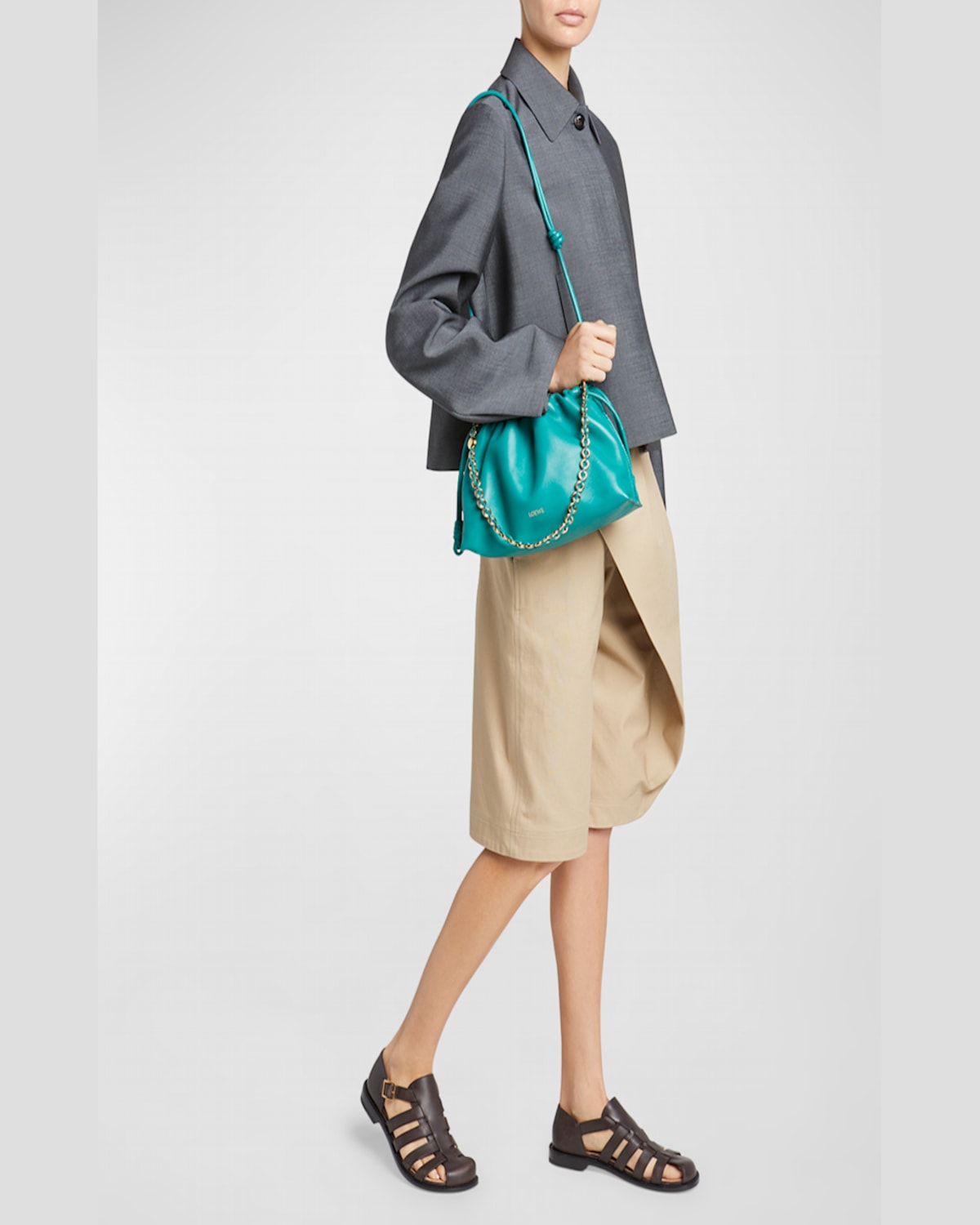 Shop Loewe Flamenco Small Crossbody Bag In Napa Leather With Detachable Chain In Dark Khaki Green