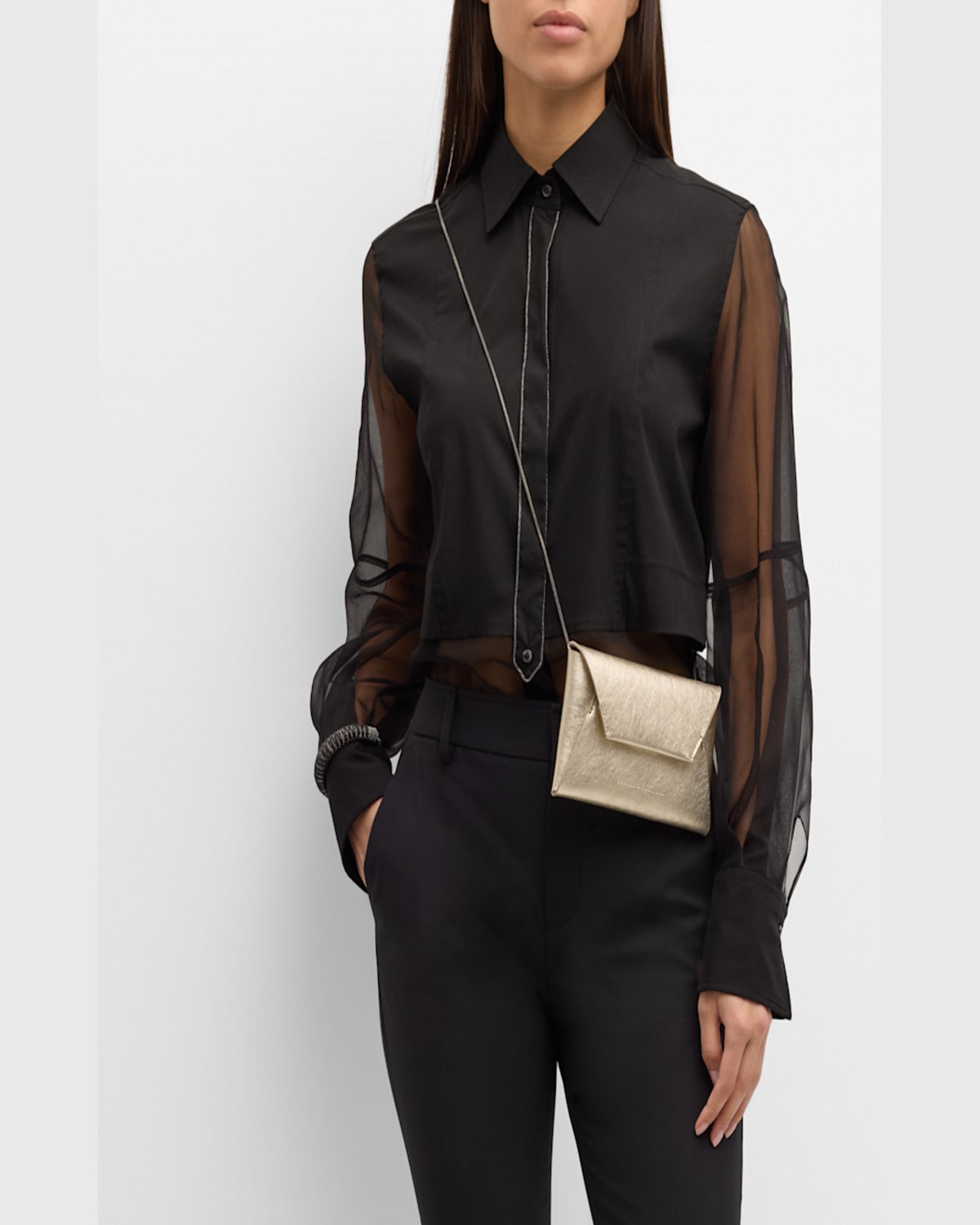BRUNELLO CUCINELLI ENVELOPE FLAP METALLIC LEATHER CLUTCH BAG 