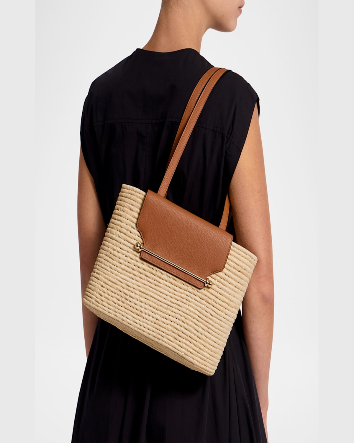 Strathberry Basket Raffia & Leather Shoulder Bag In Tan
