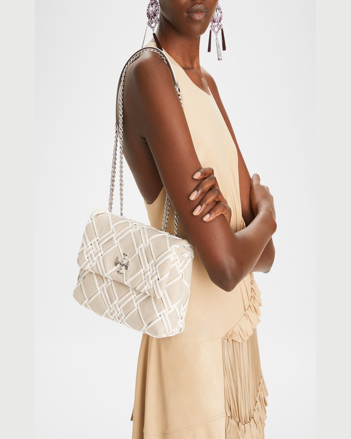 Tory Burch Kira Small Woven Canvas Convertible Shoulder Bag In Natural  Blanc
