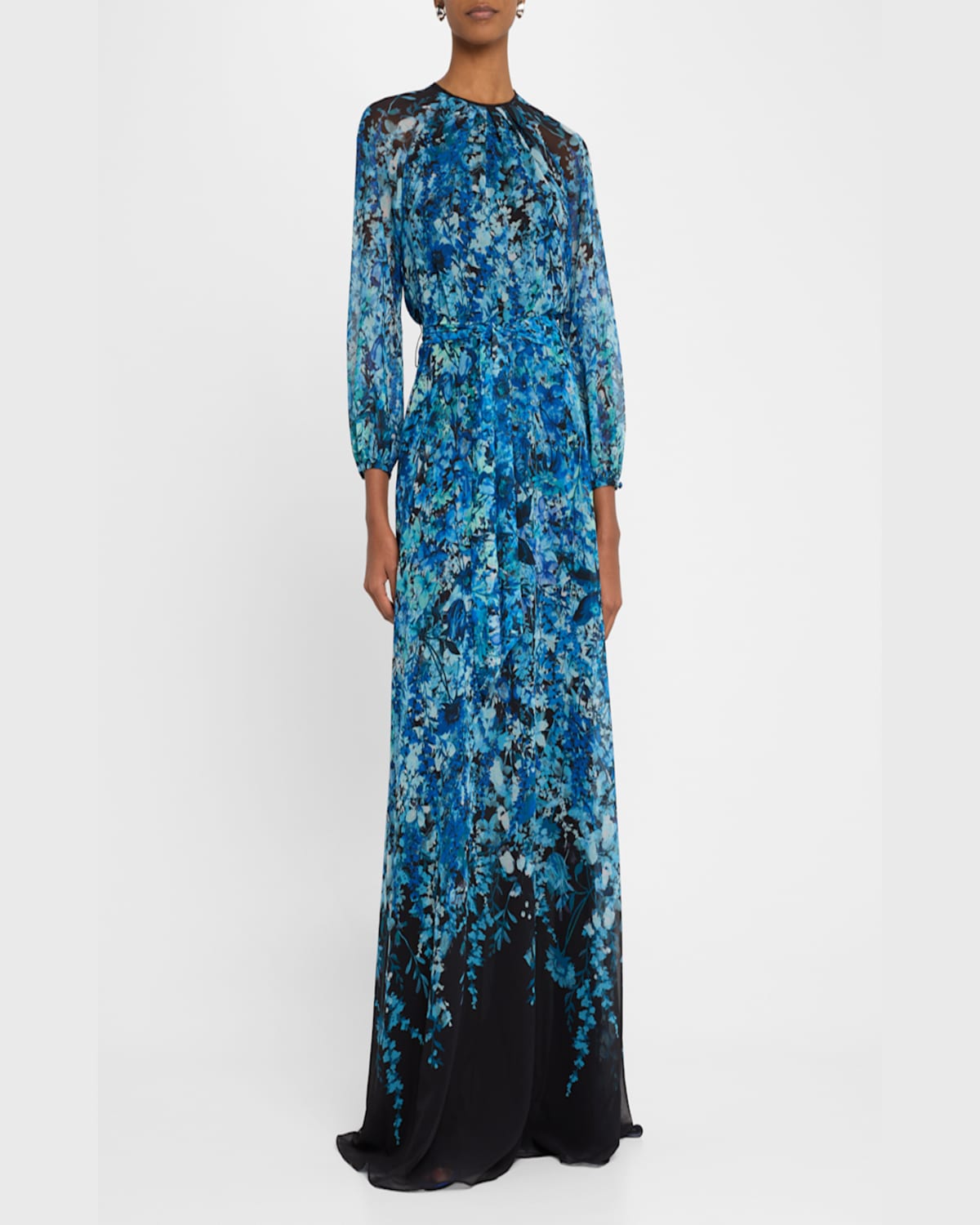 Rickie Freeman For Teri Jon Blouson-sleeve Floral-print Chiffon Gown In Sapphire Multi