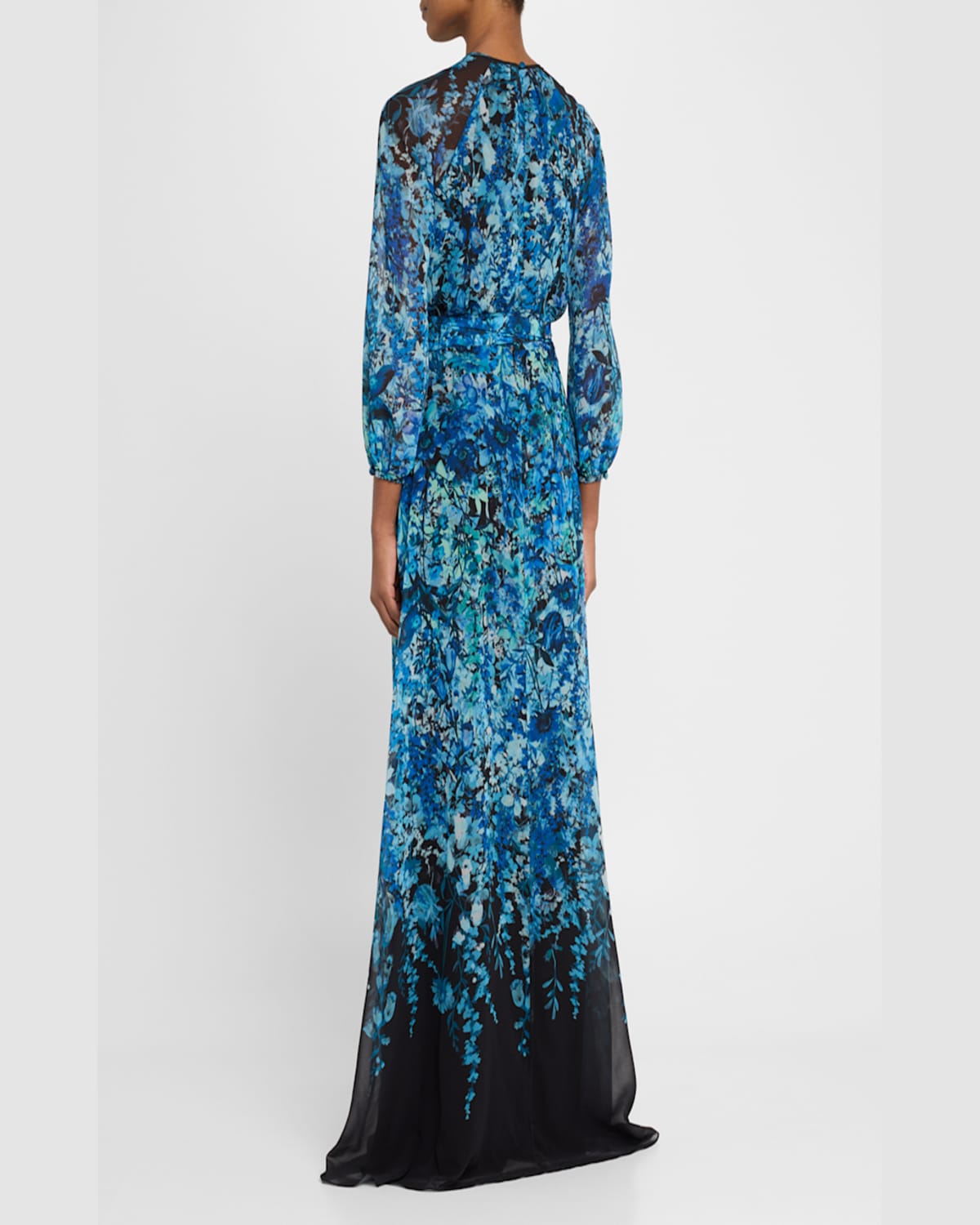 Rickie Freeman For Teri Jon Blouson-sleeve Floral-print Chiffon Gown In Sapphire Multi