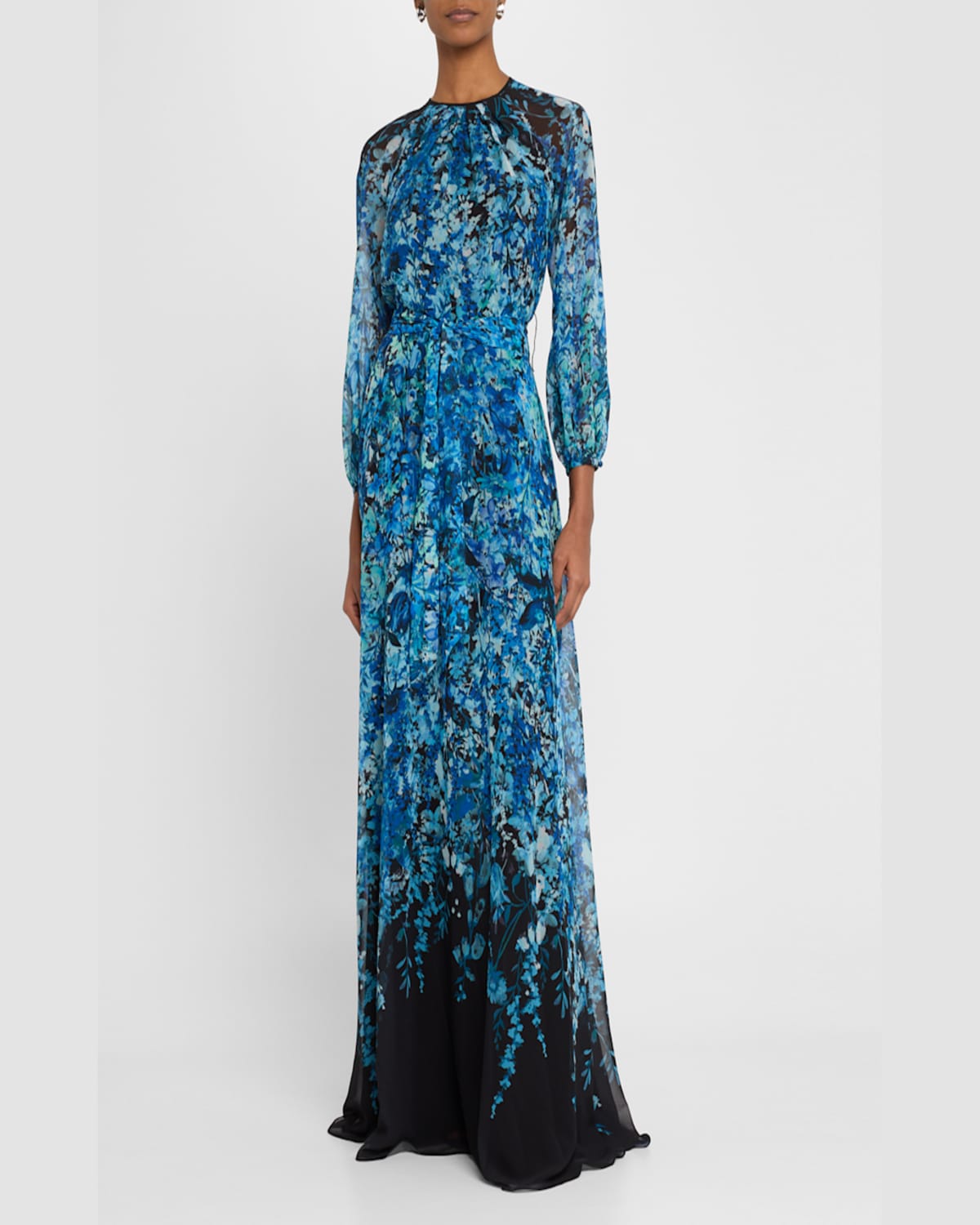 Rickie Freeman For Teri Jon Blouson-sleeve Floral-print Chiffon Gown In Sapphire Multi