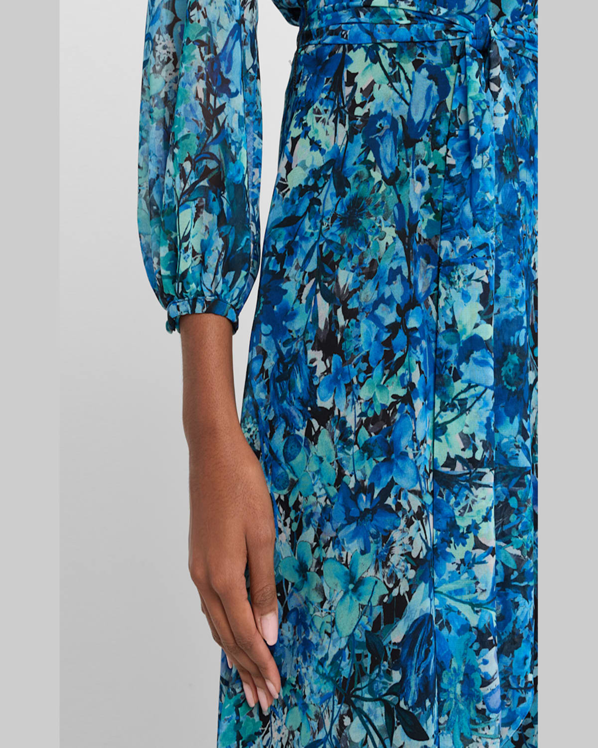 Rickie Freeman For Teri Jon Blouson-sleeve Floral-print Chiffon Gown In Sapphire Multi