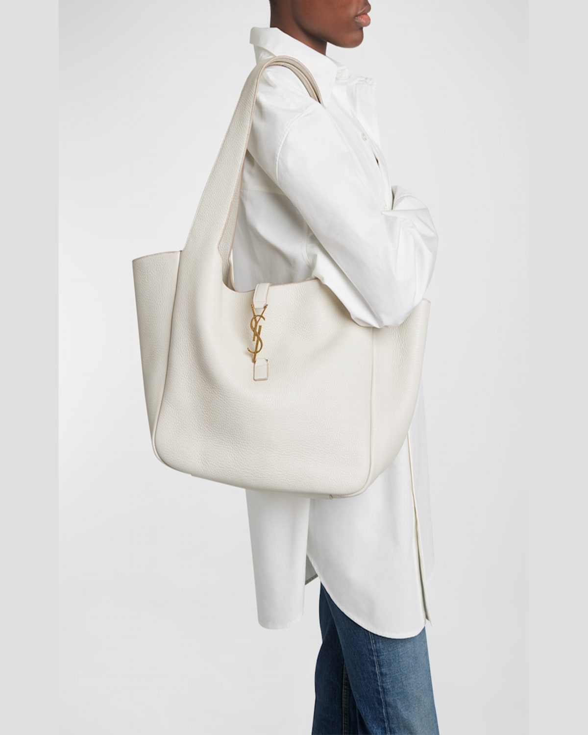 Saint Laurent Bea Ysl Tote Bag In Leather In White/brown