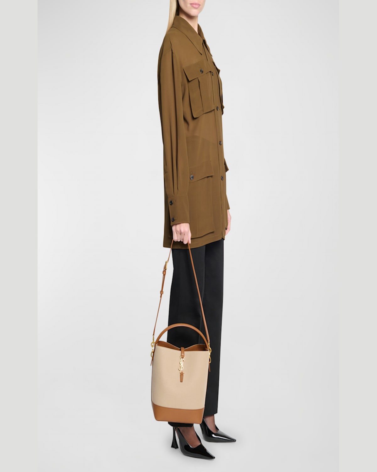 Saint Laurent Le 37 Ysl Bucket Bag In Canvas And Leather In Desert/dust Brick